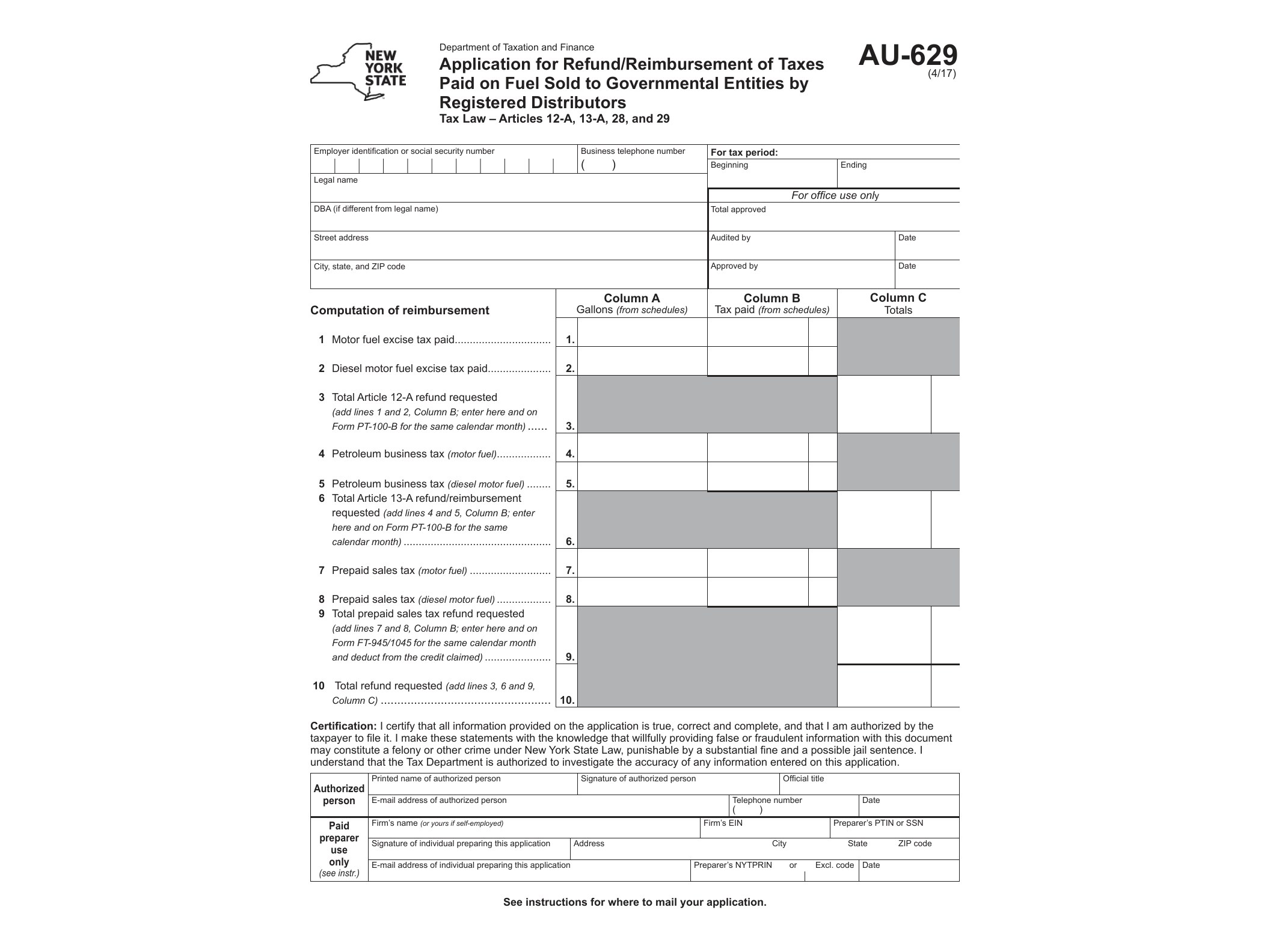 AU629 Form AU-619:4/17:Application for Refund/Reimbursement of Taxes Paid on Fuel Sold to Governmental Entities by Registered Distributors:au629 - official form preview, page 1