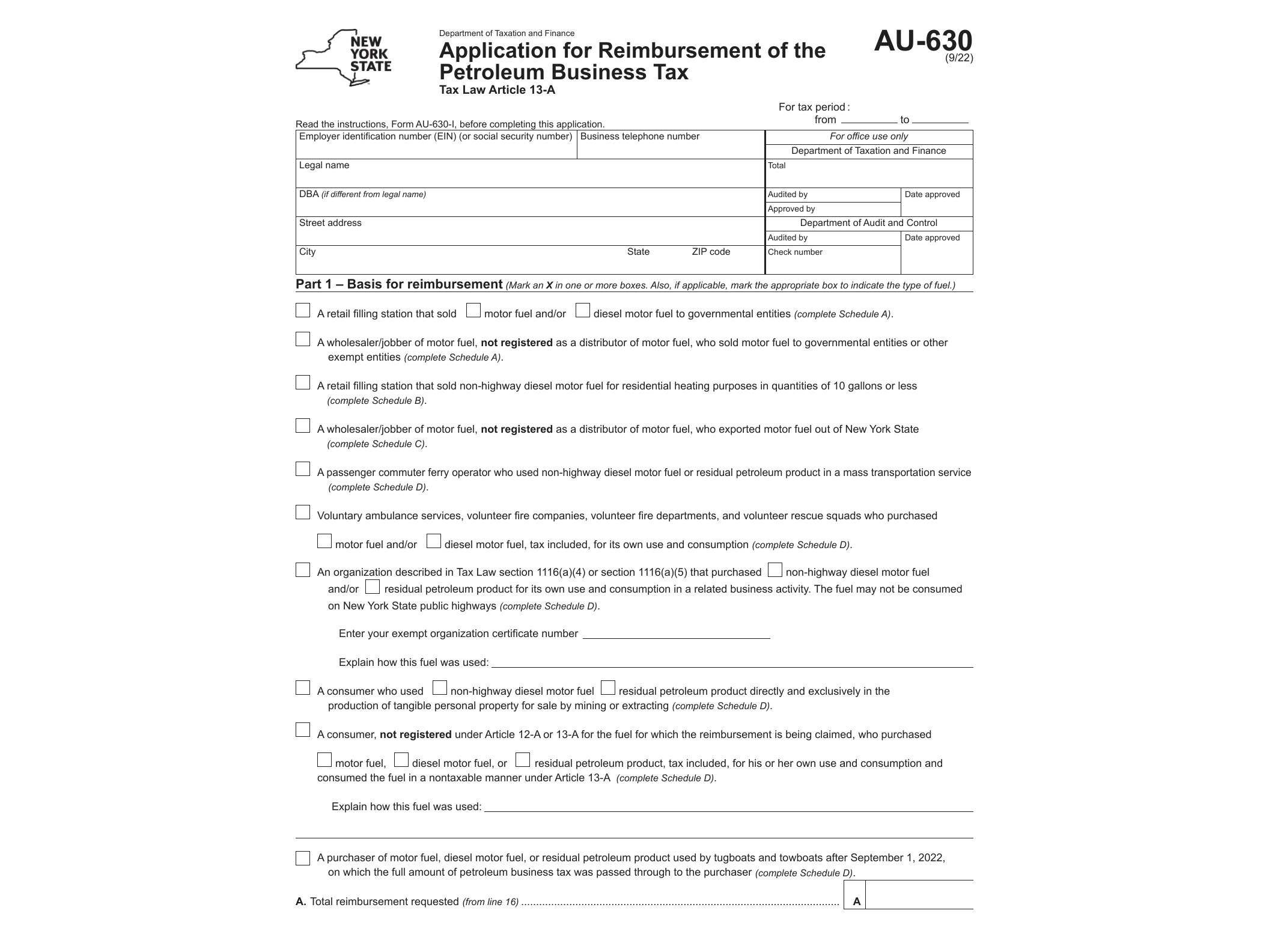 AU630 Form AU-630 Application for Reimbursement of the Petroleum Business Revised (9/22) - official form preview, page 1
