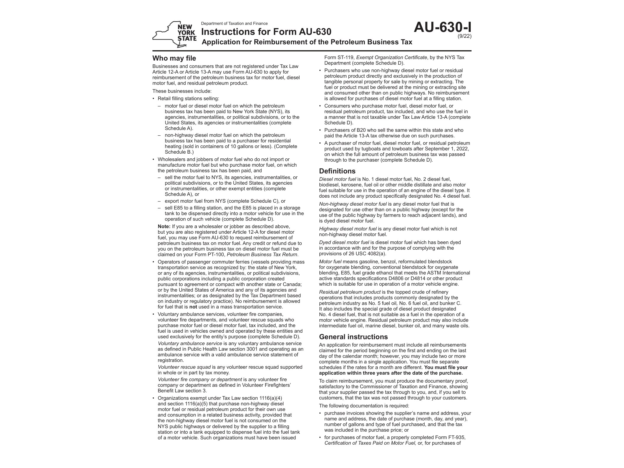 AU630I Instructions for Form AU-630 Application for Reimbursement of the Petroleum Business Tax Revised (9/22) - official form preview, page 1