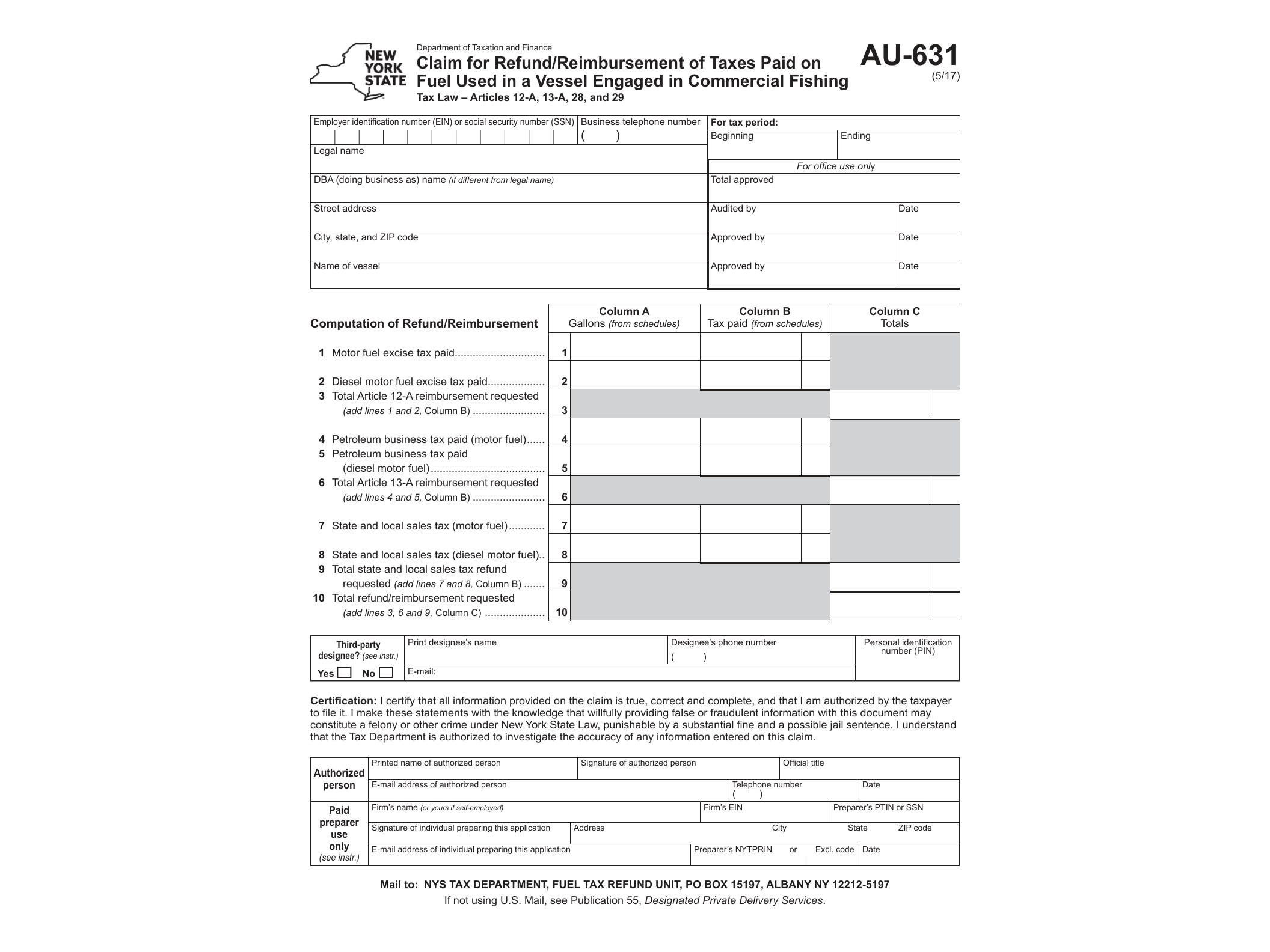 AU631 Form AU-631:5/17:Claim for Refund/Reimbursement of Taxes Paid on Fuel Used in a Vessel Engaged in Commercial Fishing:au631 - official form preview, page 1