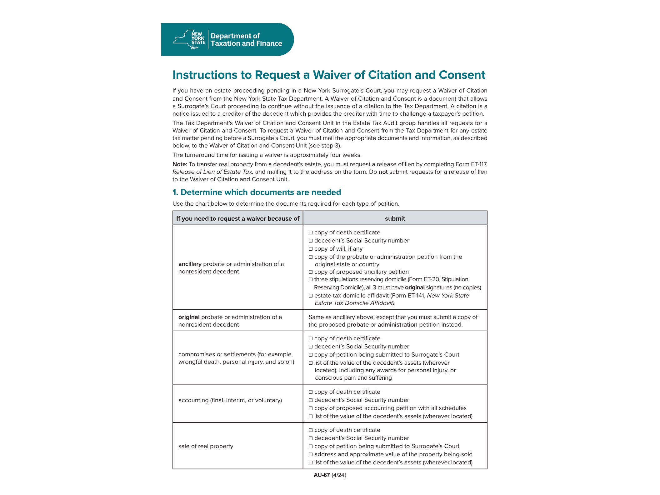 AU67 Instructions for Form AU-67 Request a Waiver of Citation and Consent - official form preview, page 1