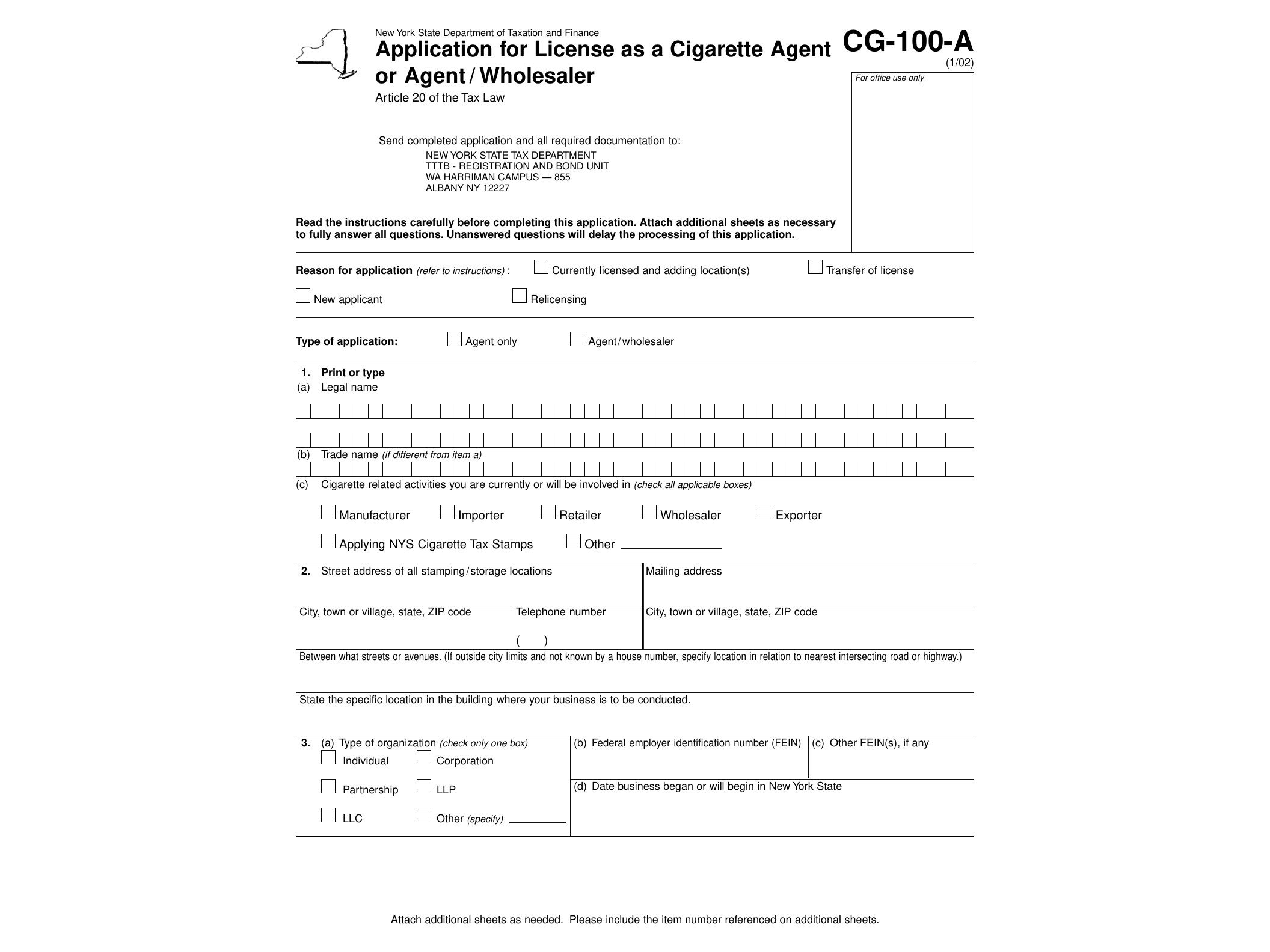 CG100A Form CG-100-A:1/02,Application for License as a Cigarette Agent of Agent/Wholesaler, CG100A - official form preview, page 1