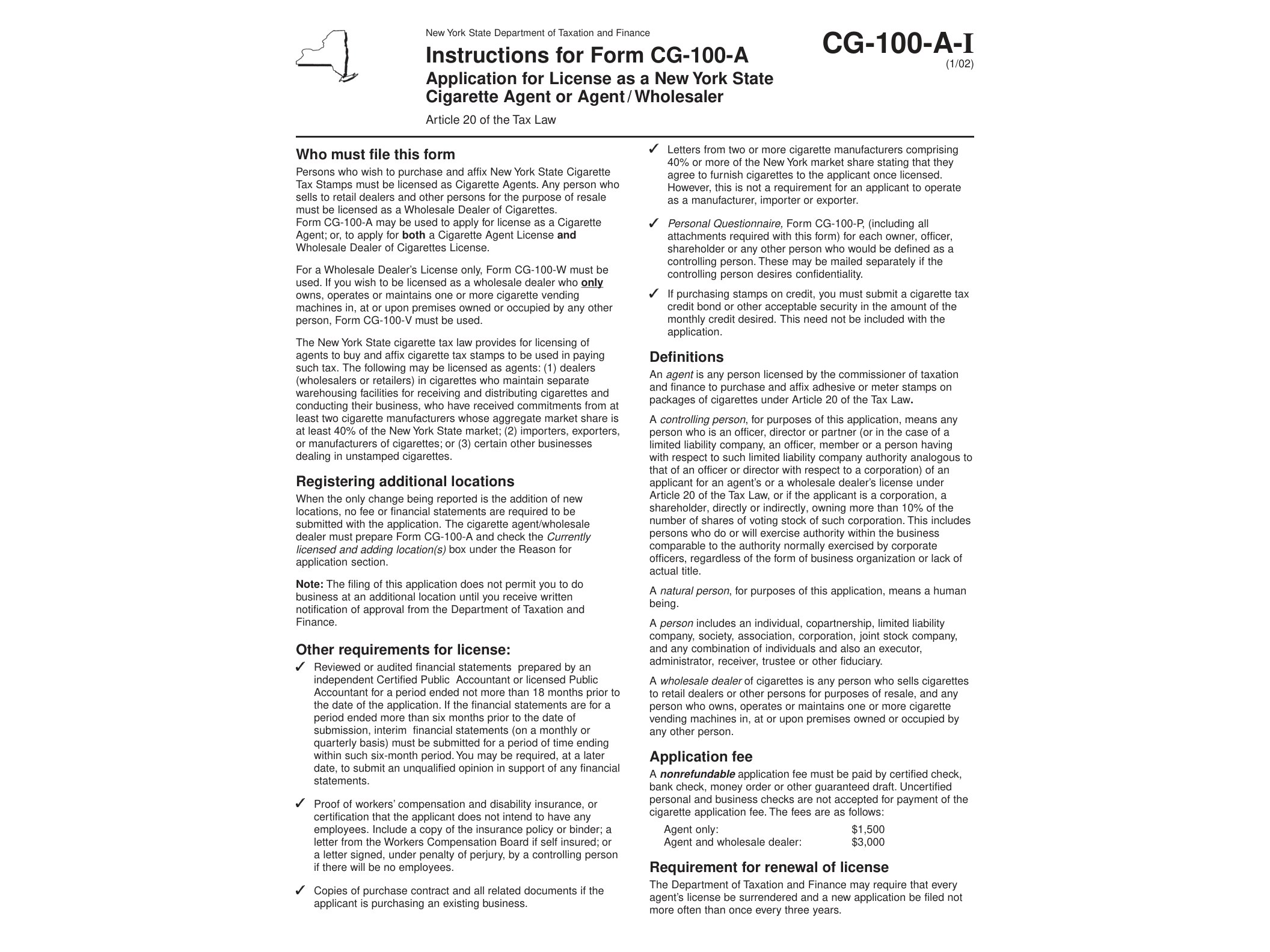 CG100AI Form CG-100-A-I:1/02: Instructions for Form CG-100-A Application for License as a New York State Cigarette Agent or Agent/Wholesaler, cg100ai - official form preview, page 1
