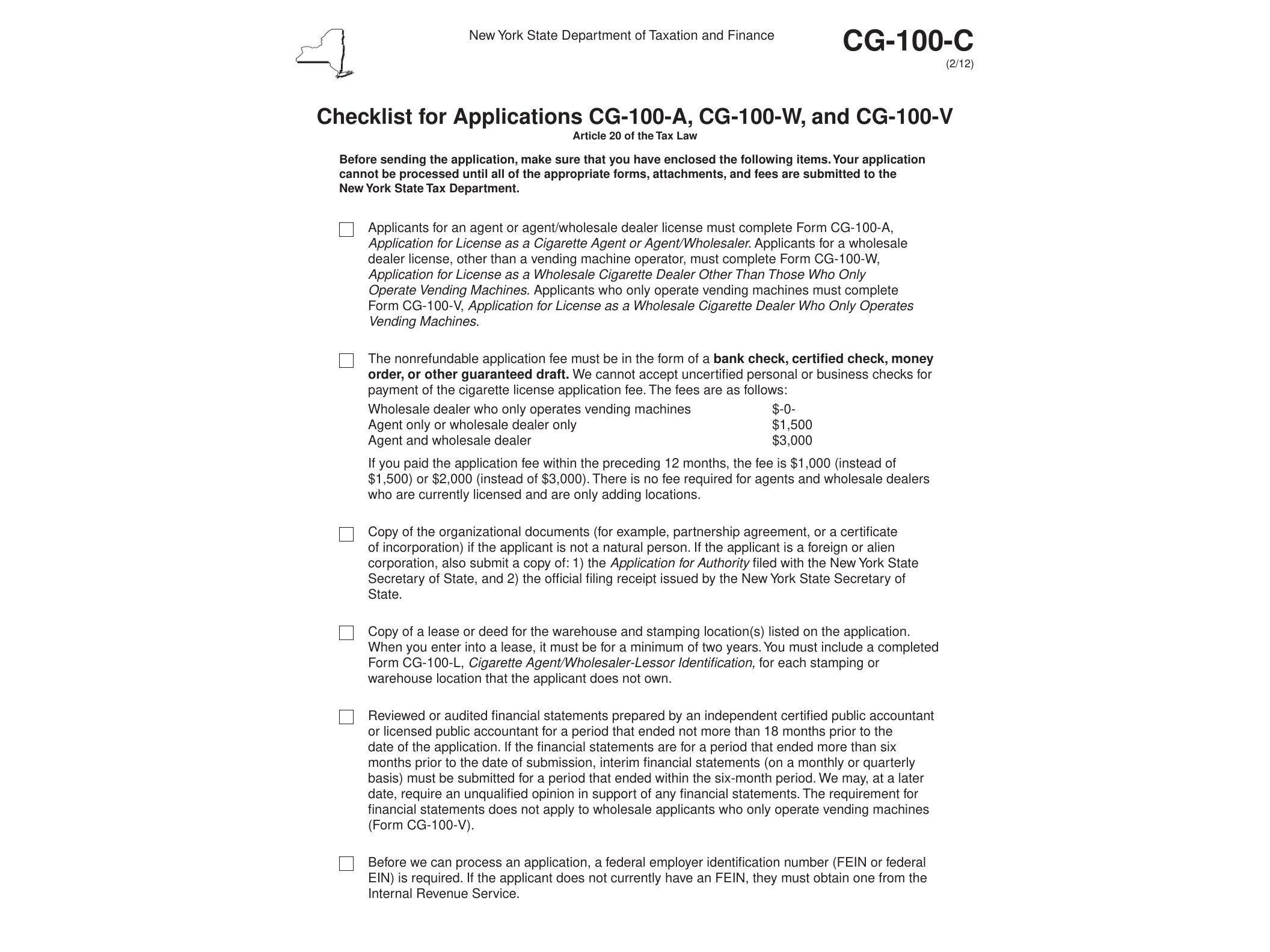 CG100C Form CG-100-C:2/12: Checklist for Applications CG-100-A, CG-100-W, and CG-100-V: cg100c - official form preview, page 1