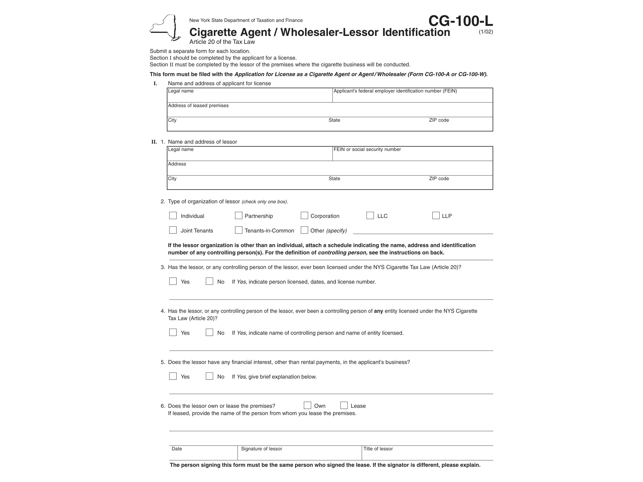 CG100L Form CG-100-L:1/02: Cigarette Agent/Wholesaler-Lessor Identification, cg100l - official form preview, page 1