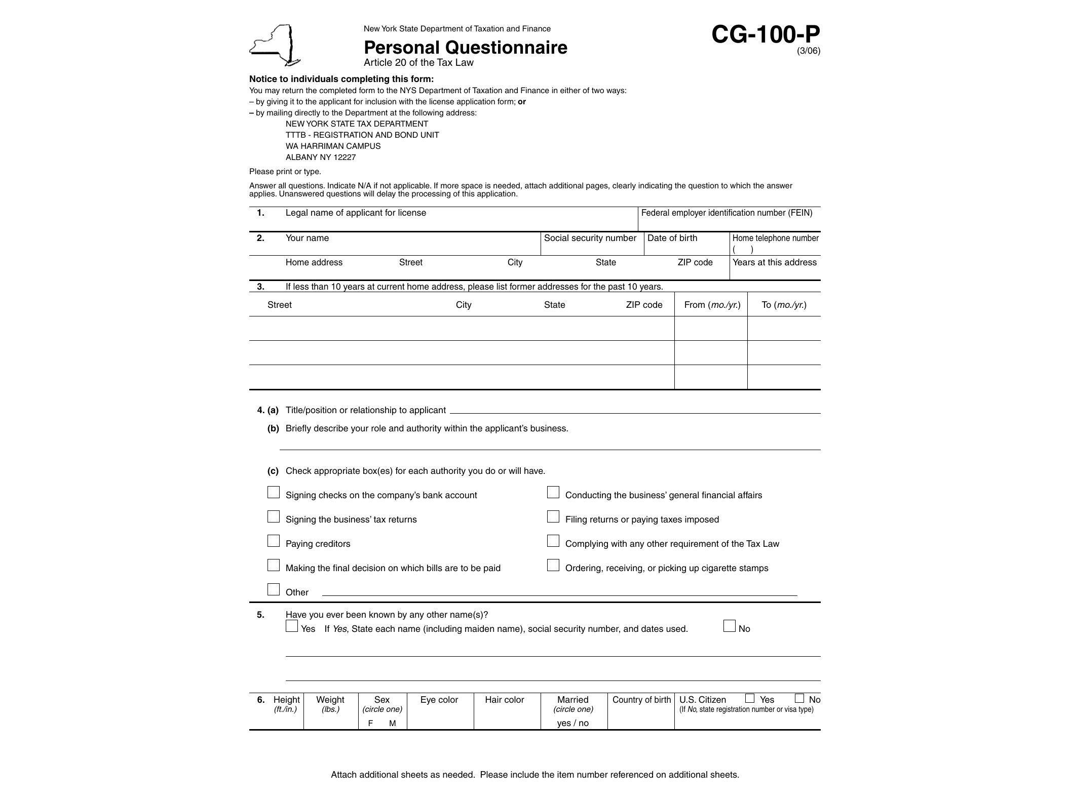 CG100P Form CG-100-P:3/06: Personal Questionnaire, cg100p - official form preview, page 1