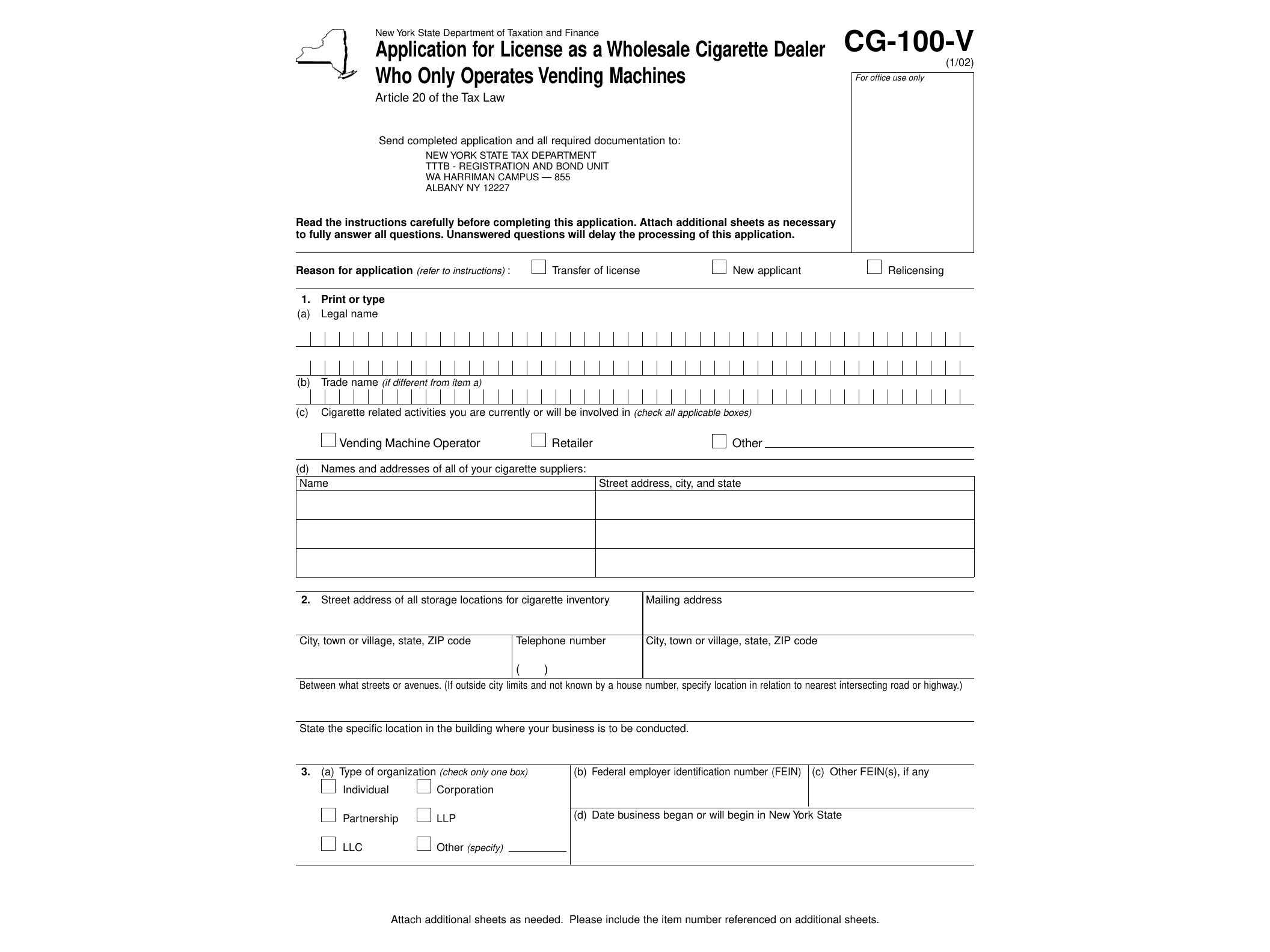 CG100V Form CG-100-V:1/02: Application for License as a Wholesale Cigarette Dealer Who Only Operates Vending Machines, cg100v - official form preview, page 1