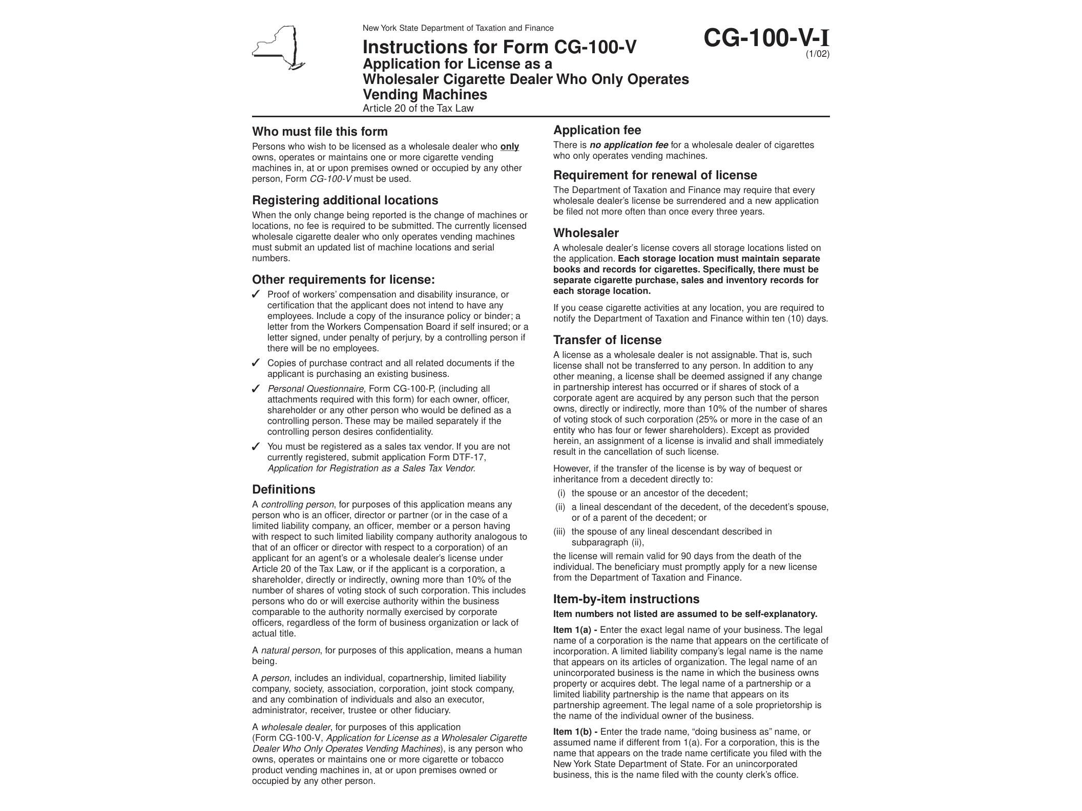 CG100VI Form CG-100-V-I:1/02, Instructions for Form CG-100-V Application for License as a Wholesaler Cigarette Dealer Who Only Operates Vending Machines, cg100vi - official form preview, page 1