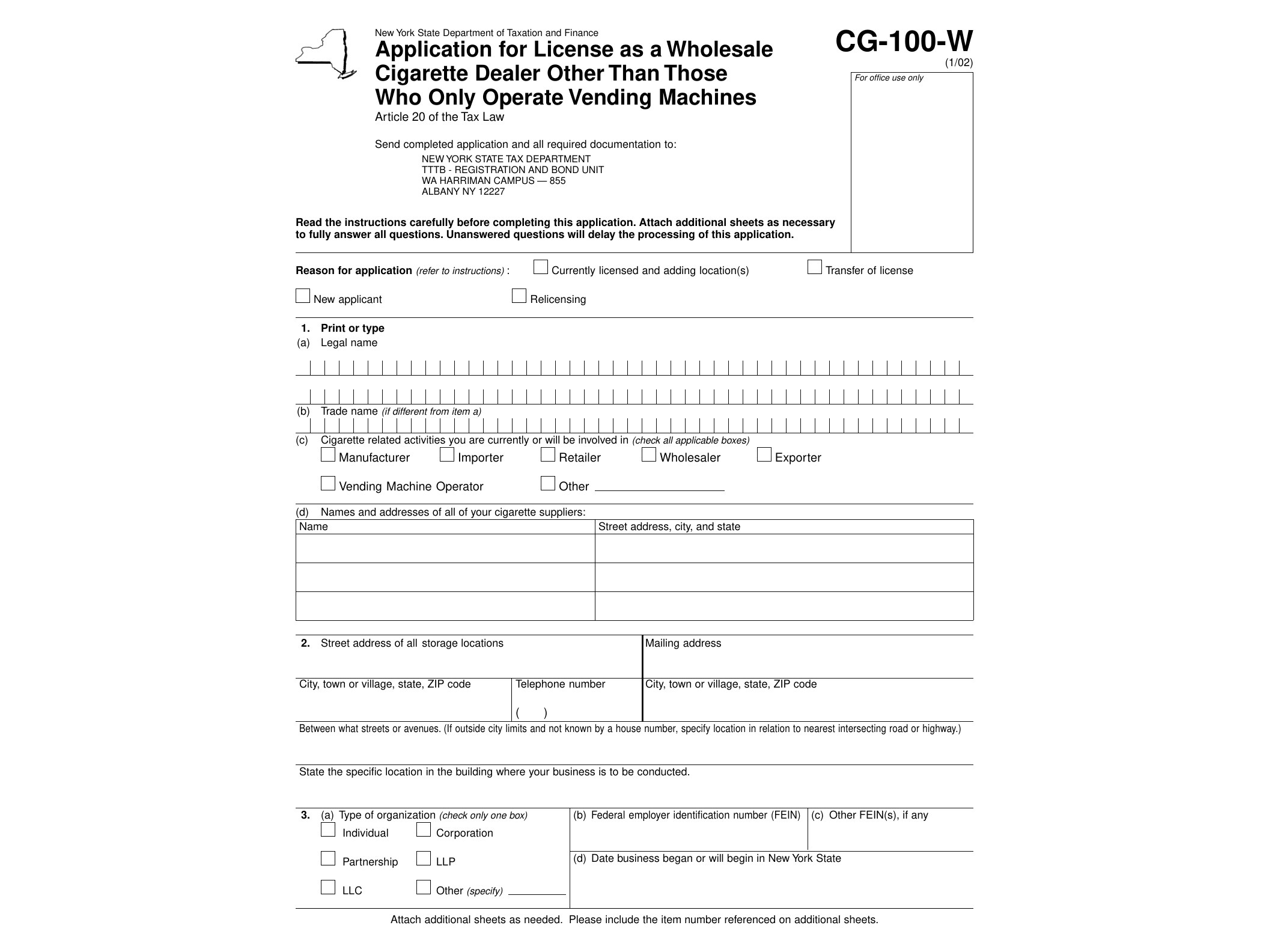 CG100W Form CG-100-W:1/02: Application for License as a Wholesale Cigarette Dealer Other Than Those Who Only Operate Vending Machines, cg100w - official form preview, page 1
