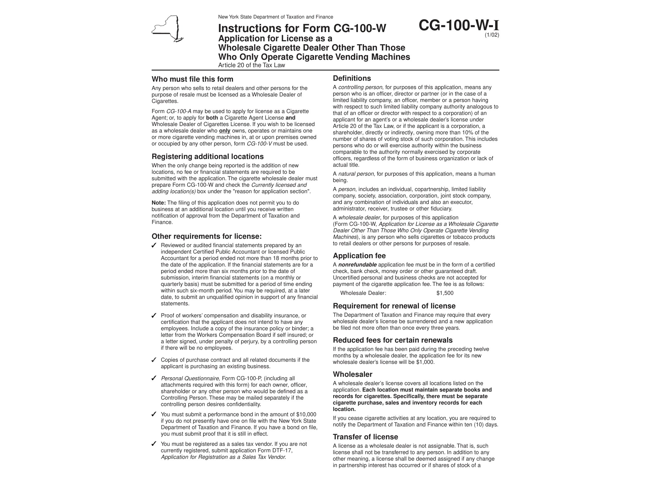CG100WI Form CG-100-W-I:1/02: Instructions for Form CG-100-W Application for License as a Wholesale Cigarette Dealer Other Than Those Who Only Operate Cigarette Vending Machines, cg100wi - official form preview, page 1