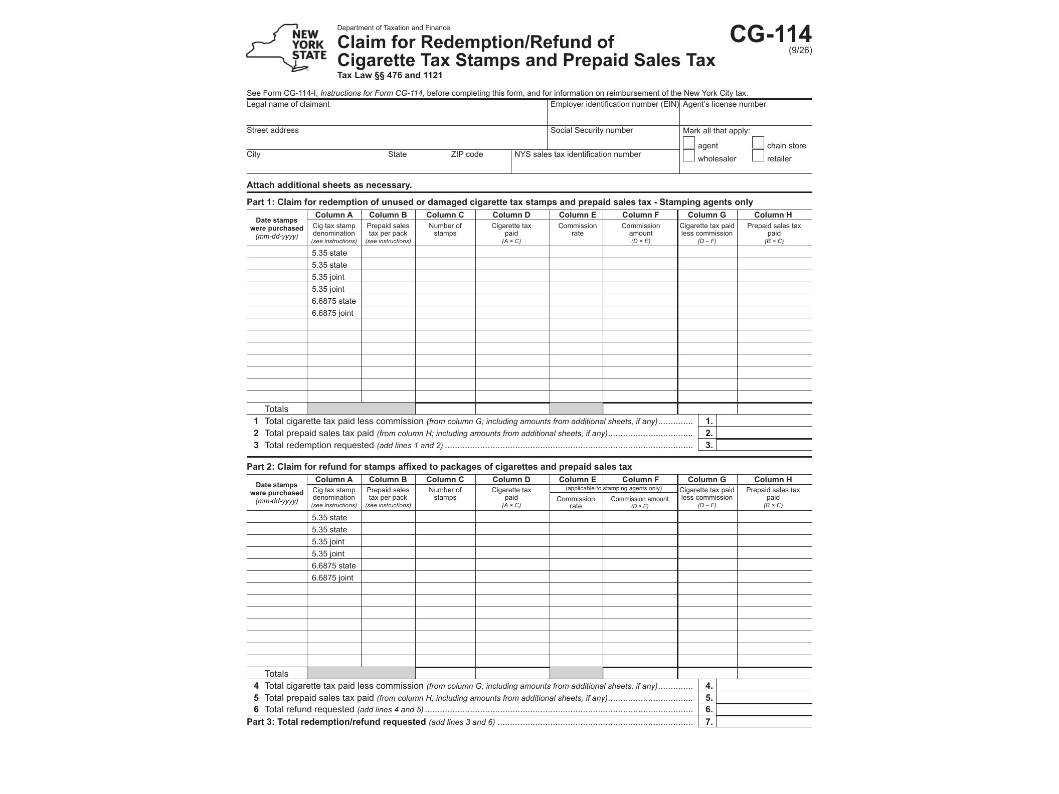 CG114 Form CG-114 Claim for Redemption/Refund of Cigarette Tax Stamps and Prepaid Sales Tax Revised 9/23 - official form preview, page 1