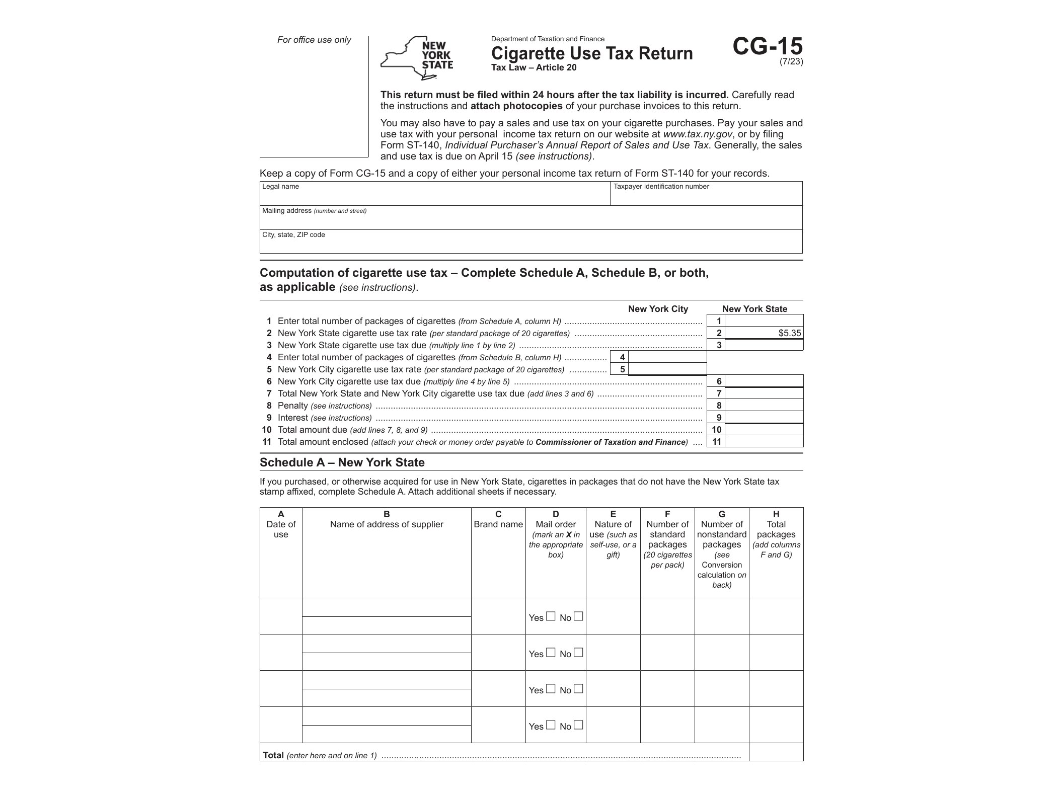 CG15 Form CG-15 Cigarette Use Tax Return Revised 7/23 - official form preview, page 1