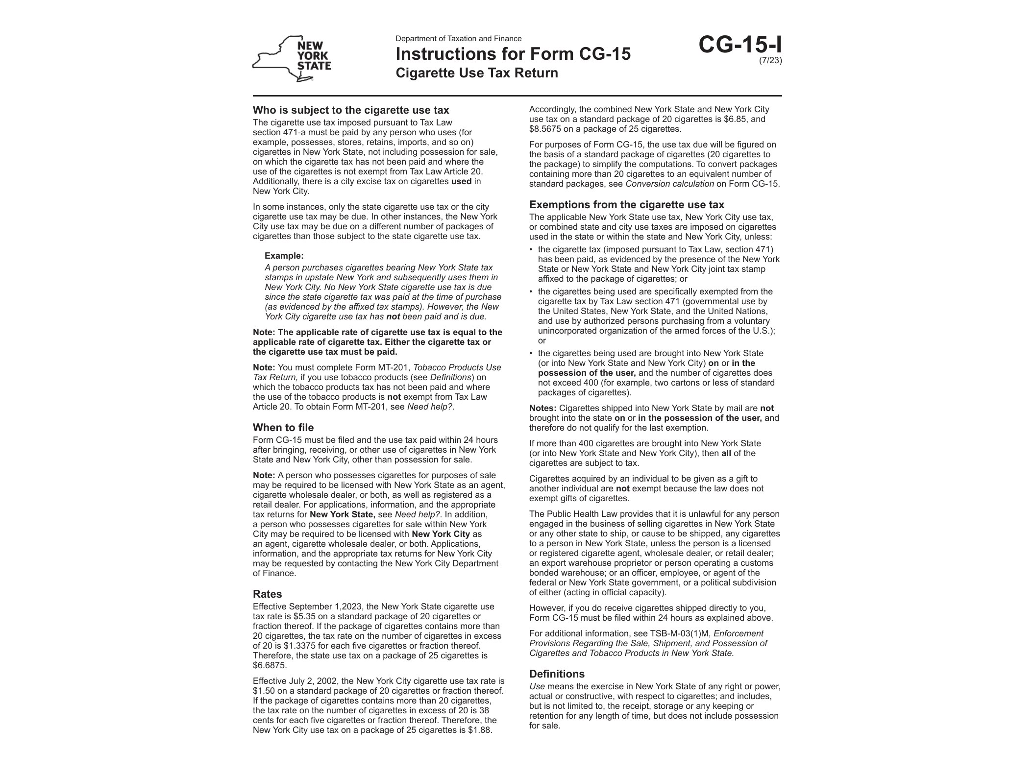 CG15I Form CG-15-I Instructions for Form CG-15 Cigarette Use Tax Return Revised 7/23 - official form preview, page 1