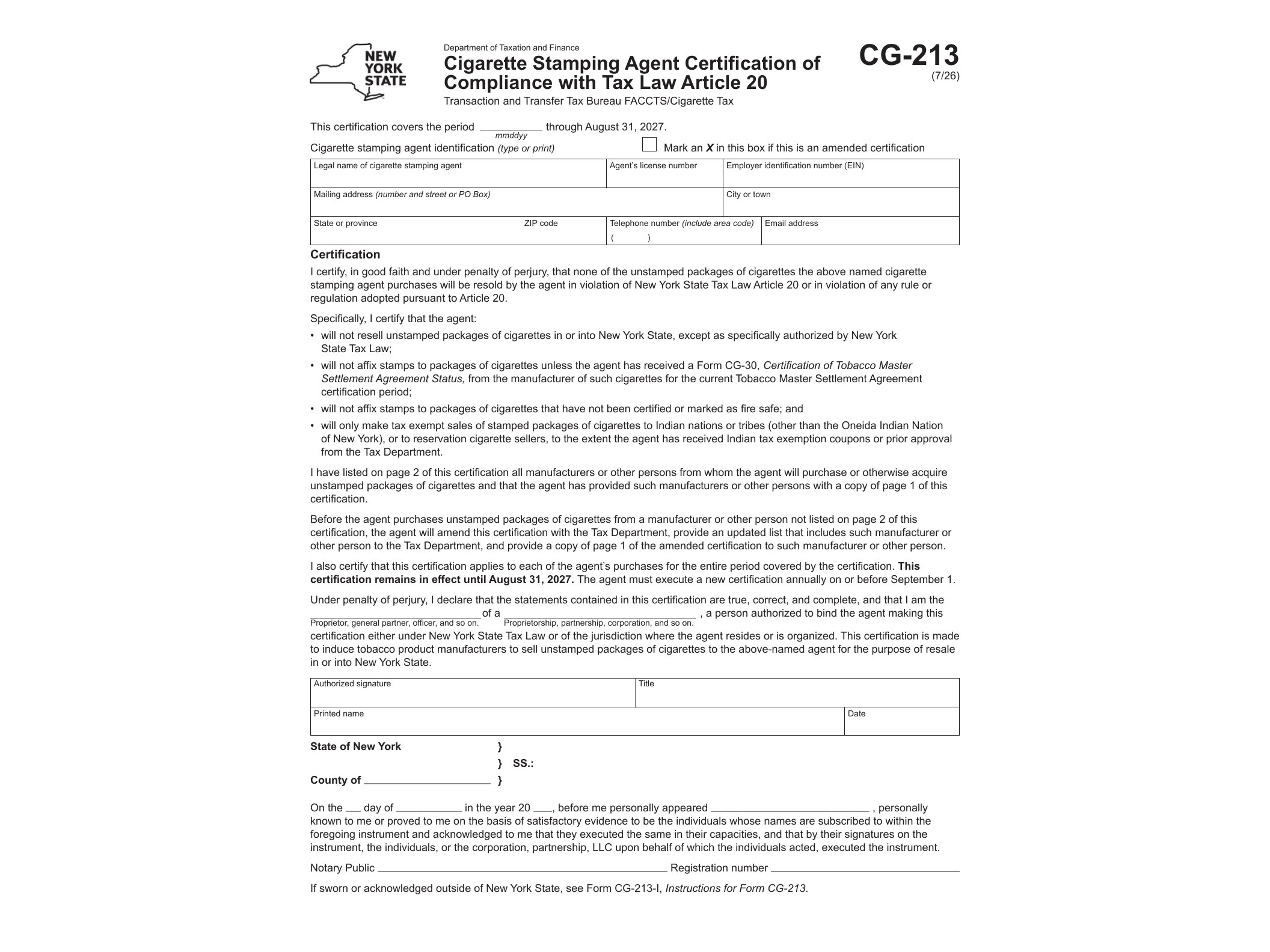CG213 Form CG-213 Cigarette Stamping Agent Certification of Compliance with Tax Law Article 20 Revised 7/25 - official form preview, page 1
