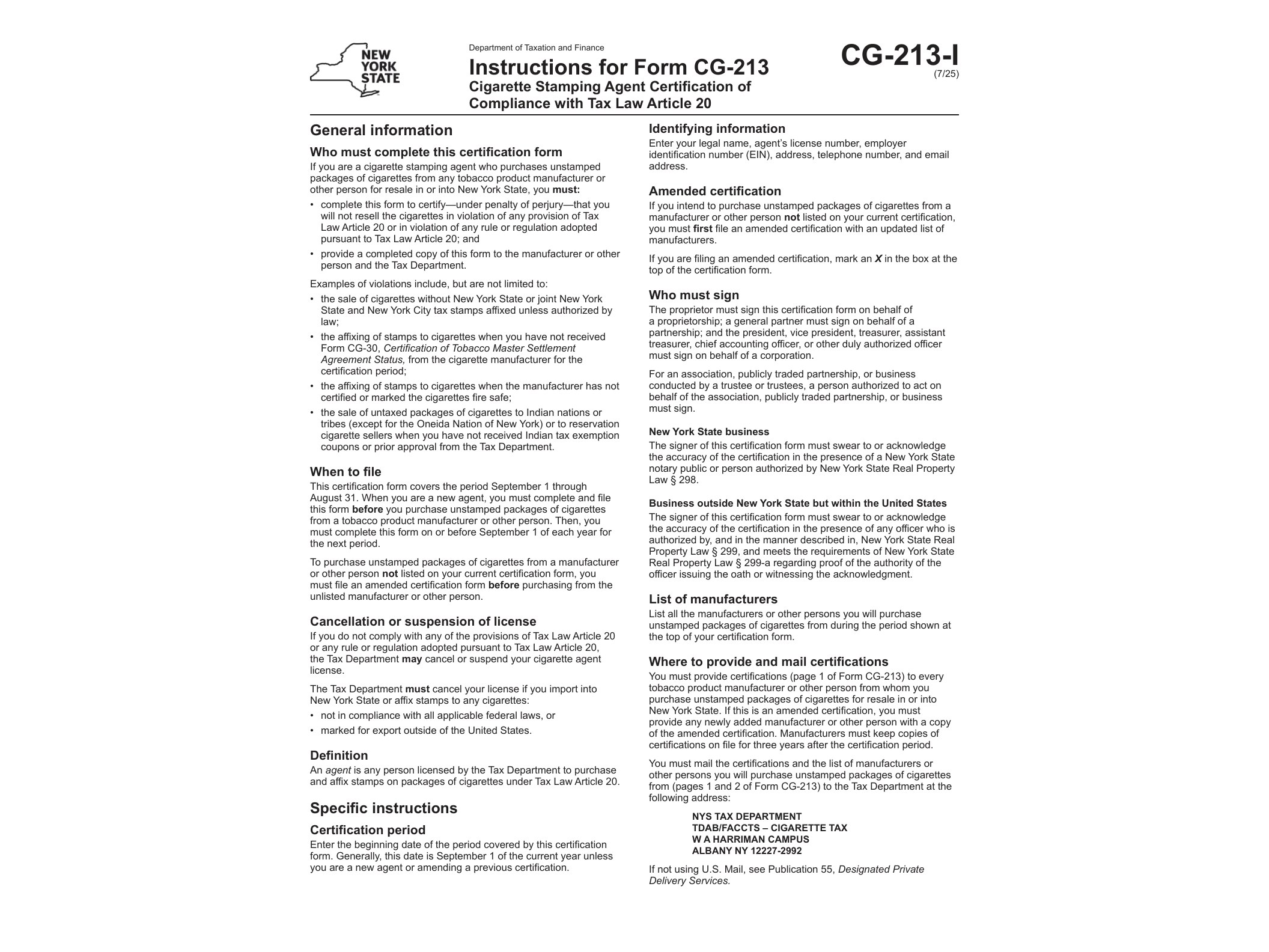 CG213I Instructions for Form CG-213 Cigarette Stamping Agent Certification of Compliance with Tax Law Article 20 Revised 7/25 - official form preview, page 1