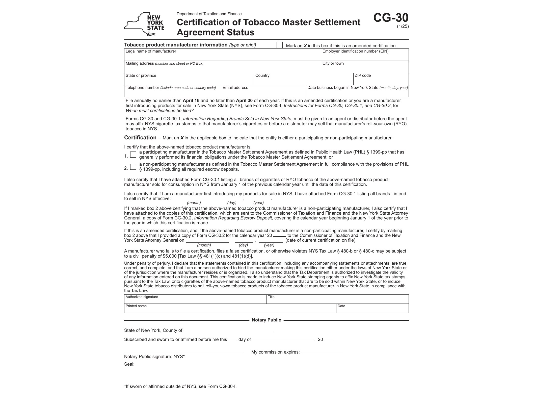 CG30 Form CG-30 Certification of Tobacco Master Settlement Agreement Status Revised 1/25 - official form preview, page 1