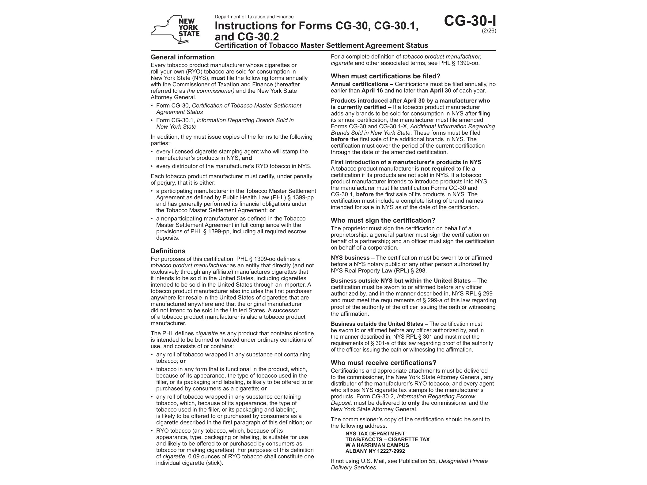 CG30I Instructions for Forms CG-30, CG-30.1, and CG-30.2, Certification of Tobacco Master Settlement Agreement Status Revised 2/26 - official form preview, page 1