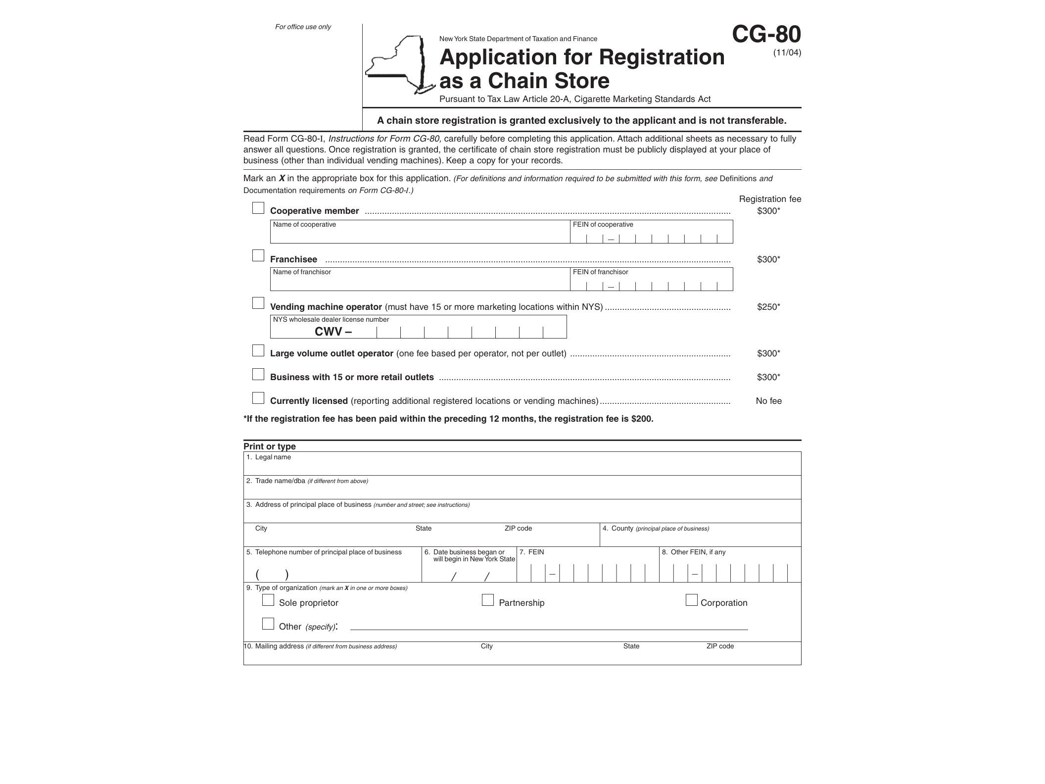 CG80 Form CG-80:11/04: Application for Registration as a Chain Store, cg80 - official form preview, page 1