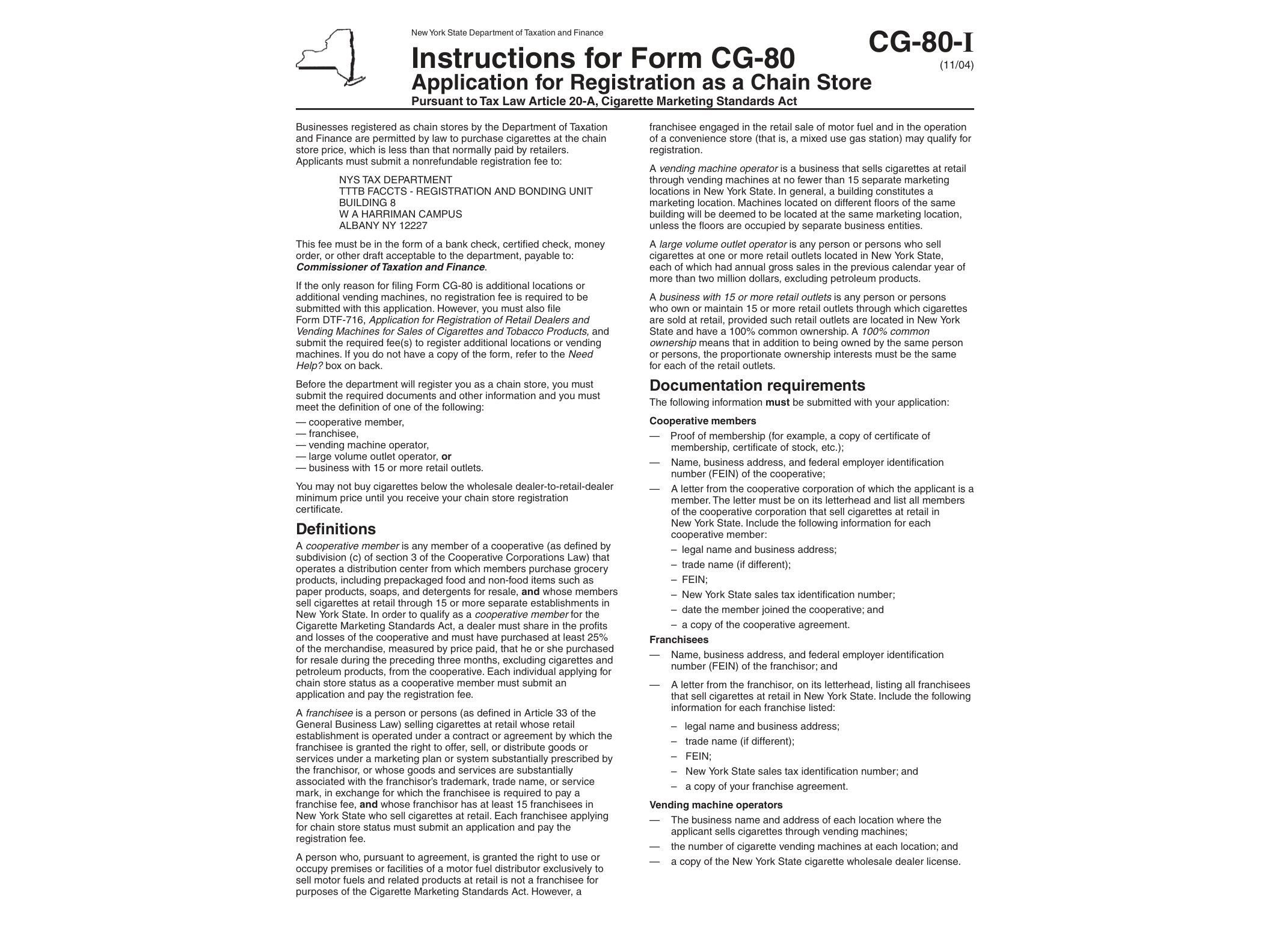 CG80I Form CG-80-I:11/04, Instructions for Form CG-80, Application for Registration as a Chain Store, cg80i - official form preview, page 1