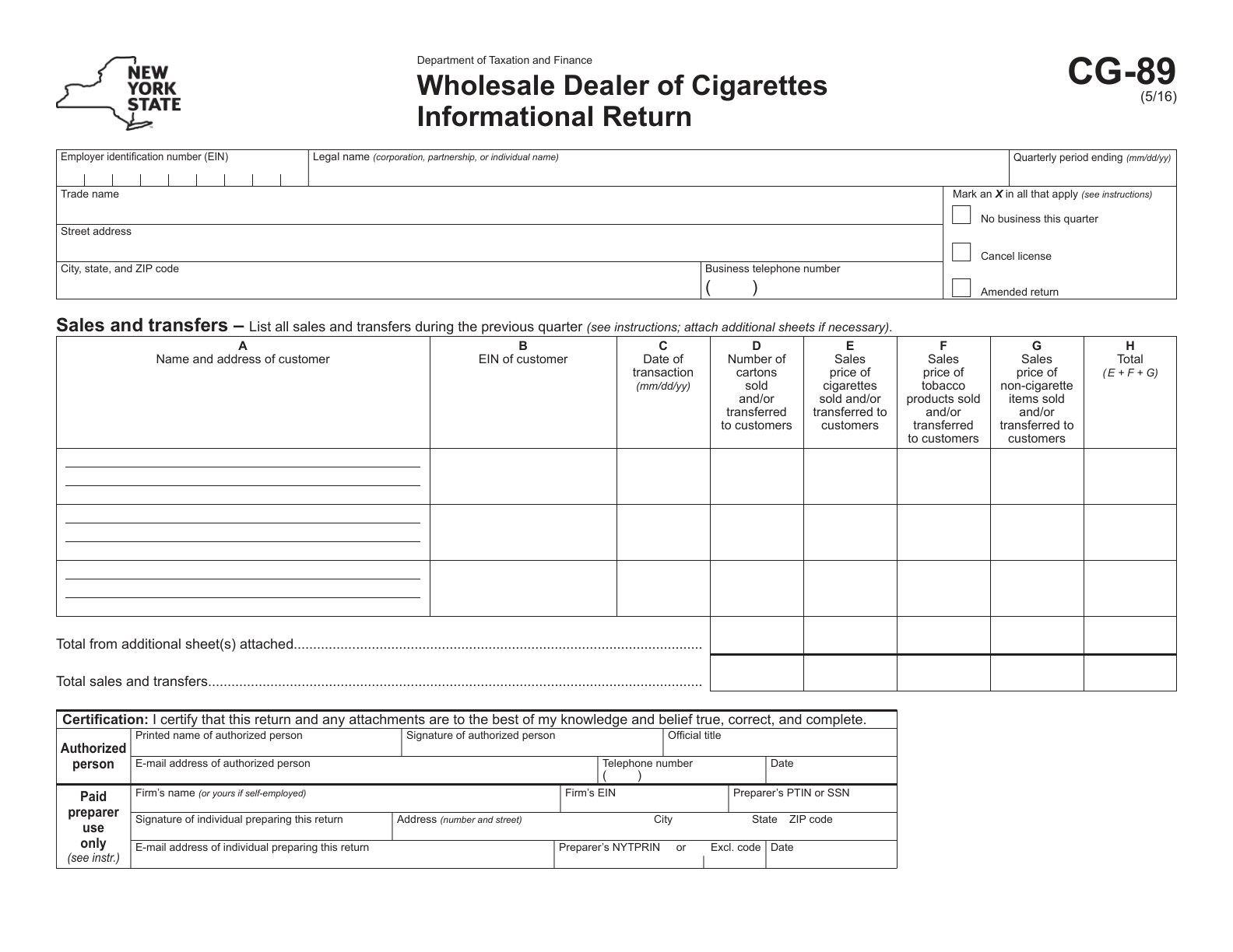 CG89 Form CG-89:(5/16):Wholesale Dealer of Cigarettes Informational Return:cg89 - official form preview, page 1