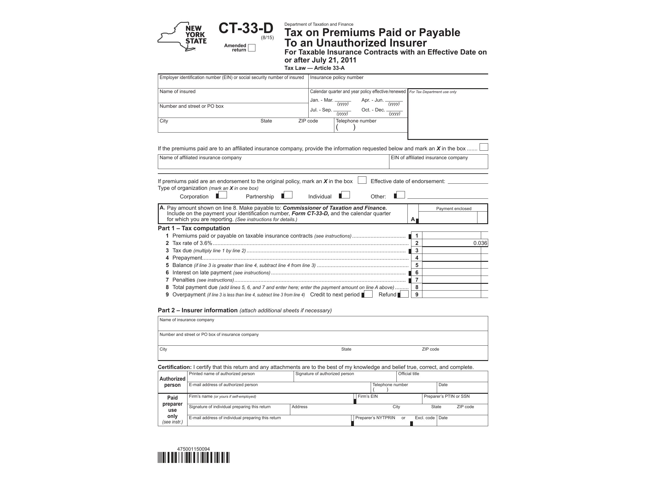 CT33D Form CT-33-D:8/15:Tax on Premiums Paid or Payable To an Unauthorized Insurer For Taxable Insurance Contracts with an Effective Date on or after July 21, 2011:ct33d - official form preview, page 1
