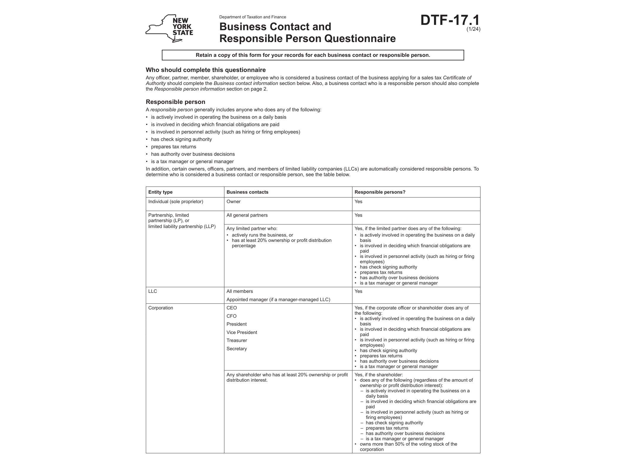 DTF17 Form DTF-17.1 Business Contact and Responsible Person Questionnaire Revised 1/24 - official form preview, page 1
