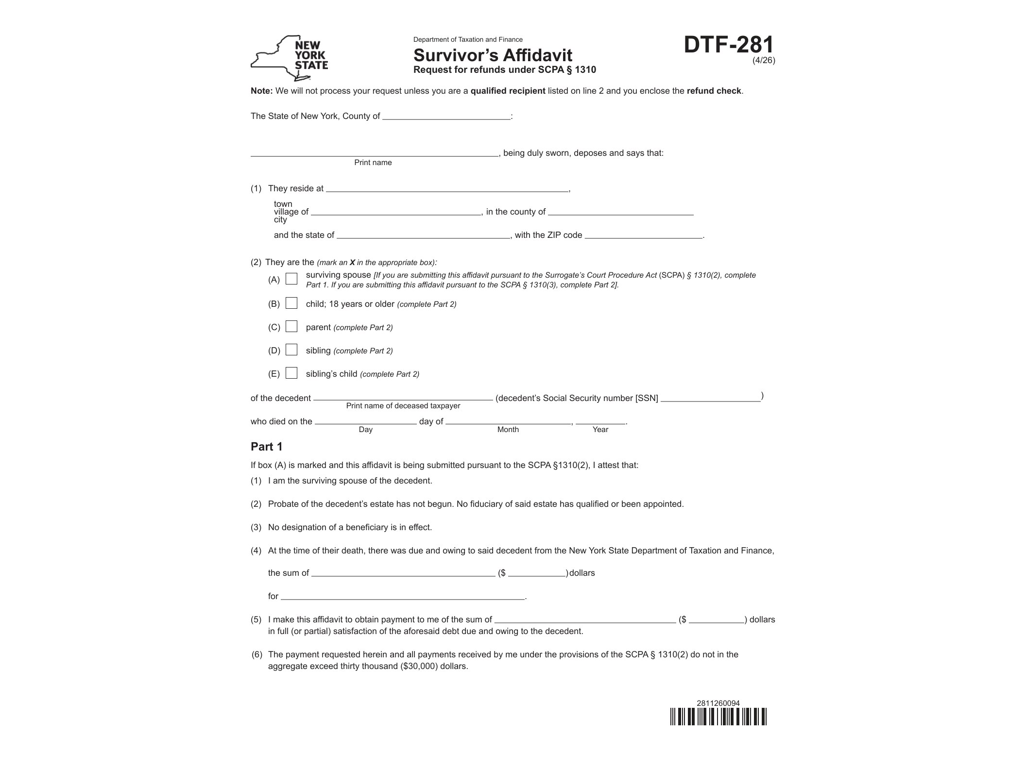 DTF281 Survivors Affidavit Request for refunds under SCPA 1310 - official form preview, page 1