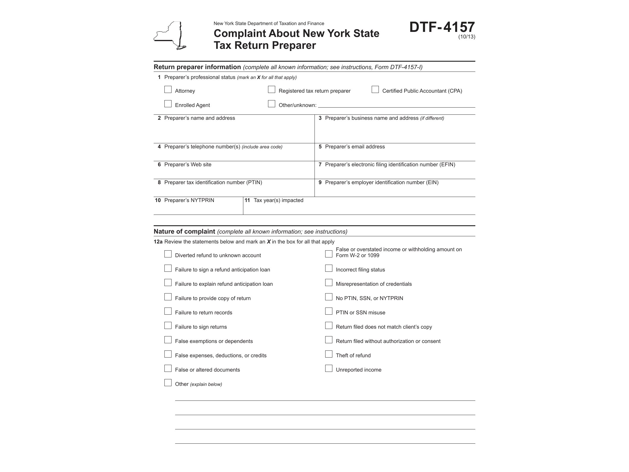 DTF4157 Form DTF-4157:10/13: Complaint About New York State Tax Return Preparer, dtf4157 - official form preview, page 1