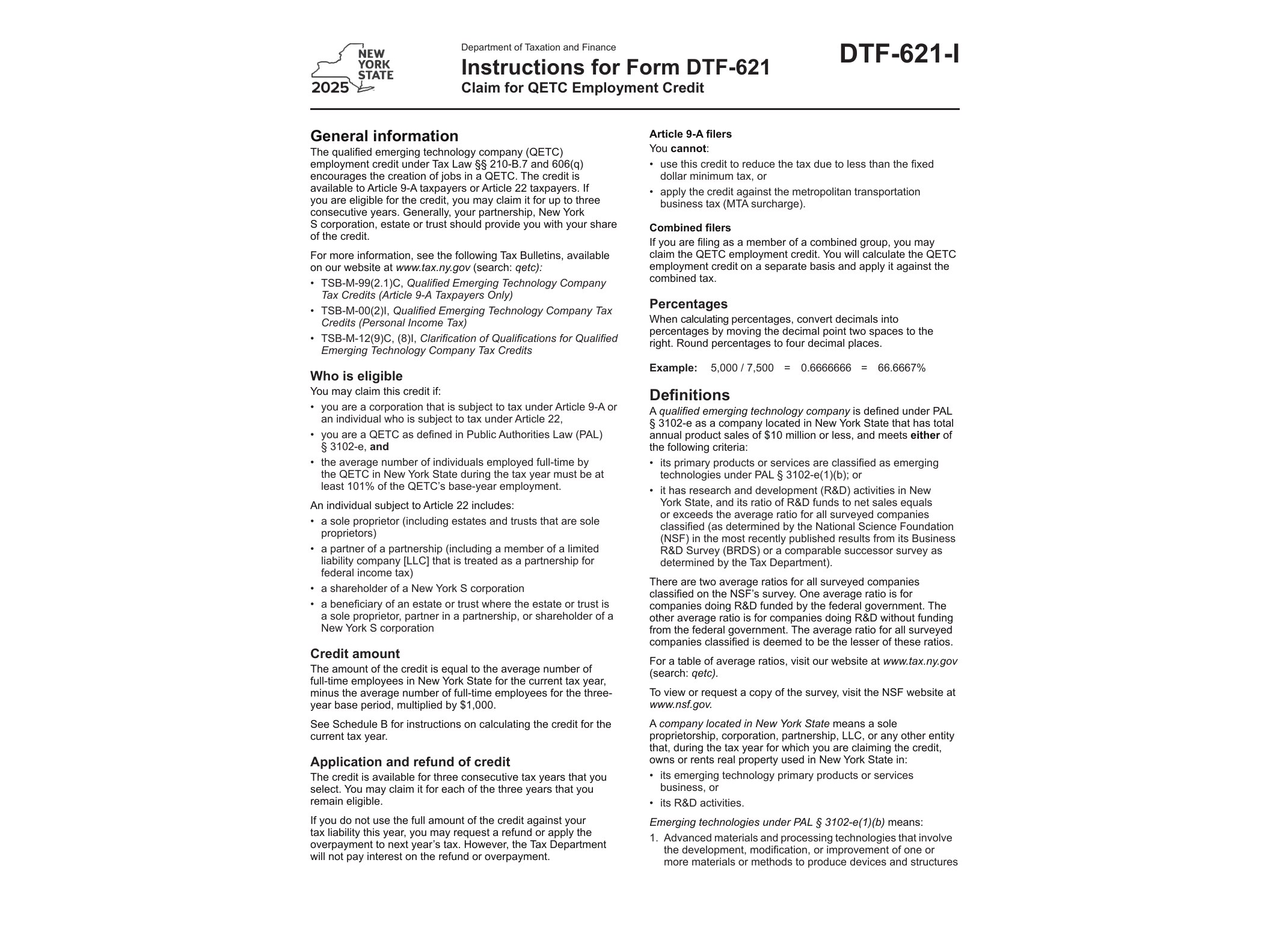 DTF621I Instructions for Form DTF-621 Claim for QETC Employment Credit Tax Year 2025 - official form preview, page 1
