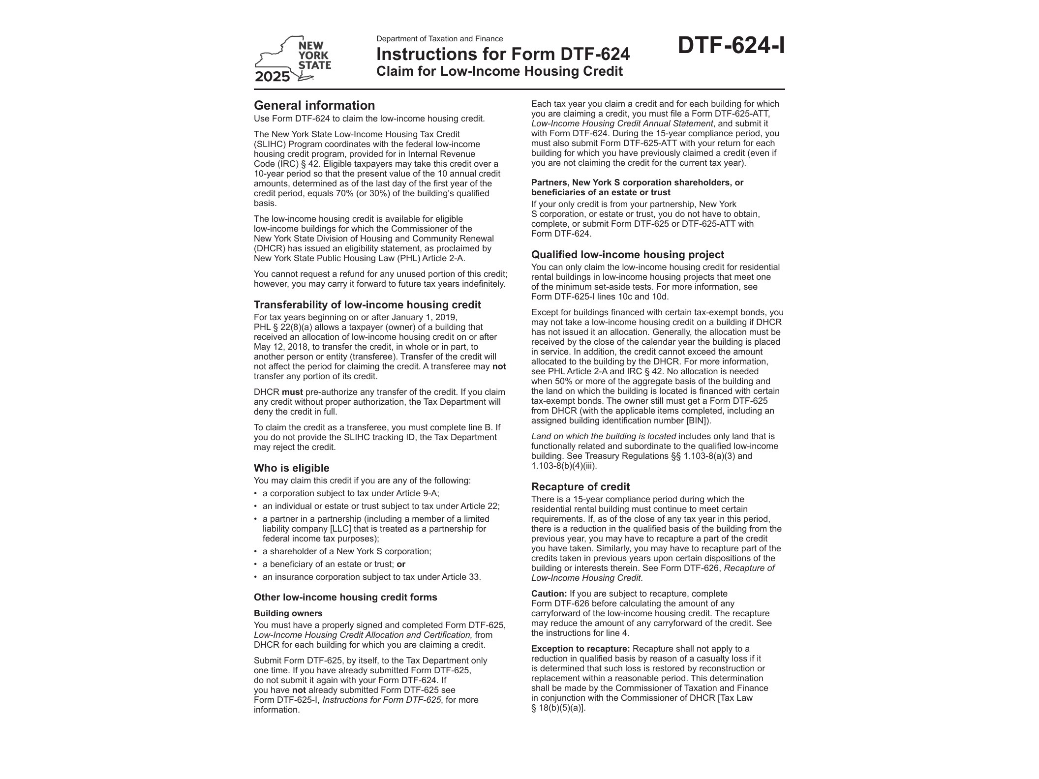 DTF624I Instructions for Form DTF-624 Claim for Low-Income Housing Credit Tax Year 2025 - official form preview, page 1