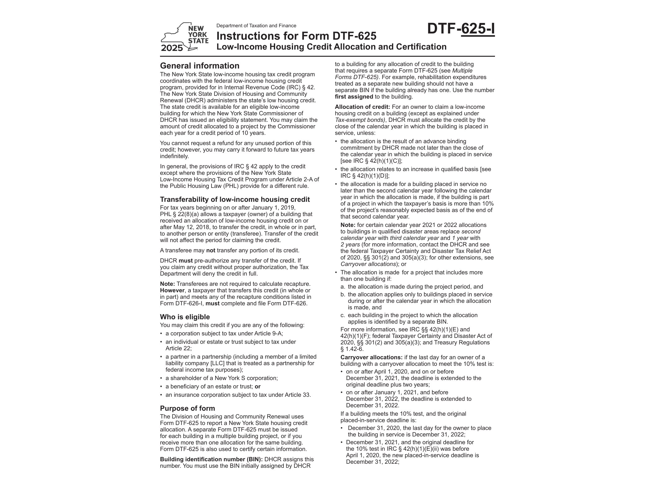 DTF625I Instructions for Form DTF-625 Low-Income Housing Credit Allocation and Certification Tax Year 2025 - official form preview, page 1