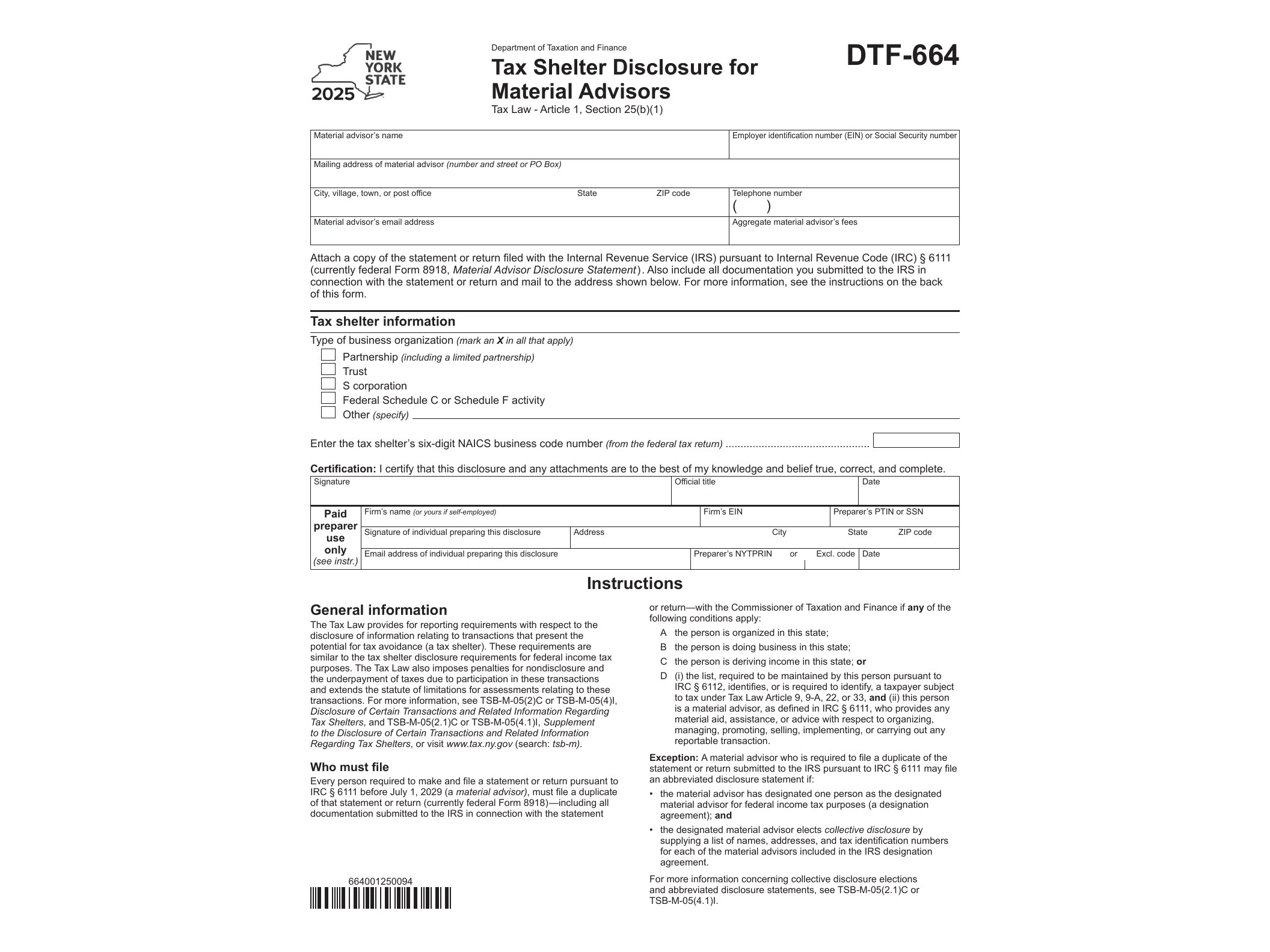 DTF664 Form DTF-664 Tax Shelter Disclosure for Material Advisors Tax Year 2025 - official form preview, page 1