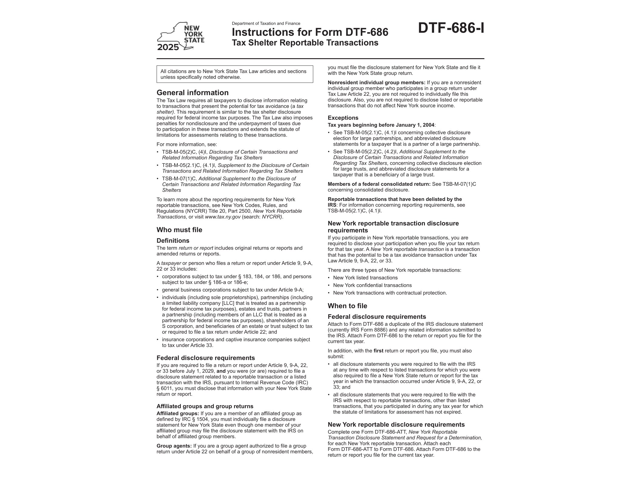 DTF686I Instructions for Form DTF-686 Tax Shelter Reportable Transactions Tax Year 2025 - official form preview, page 1