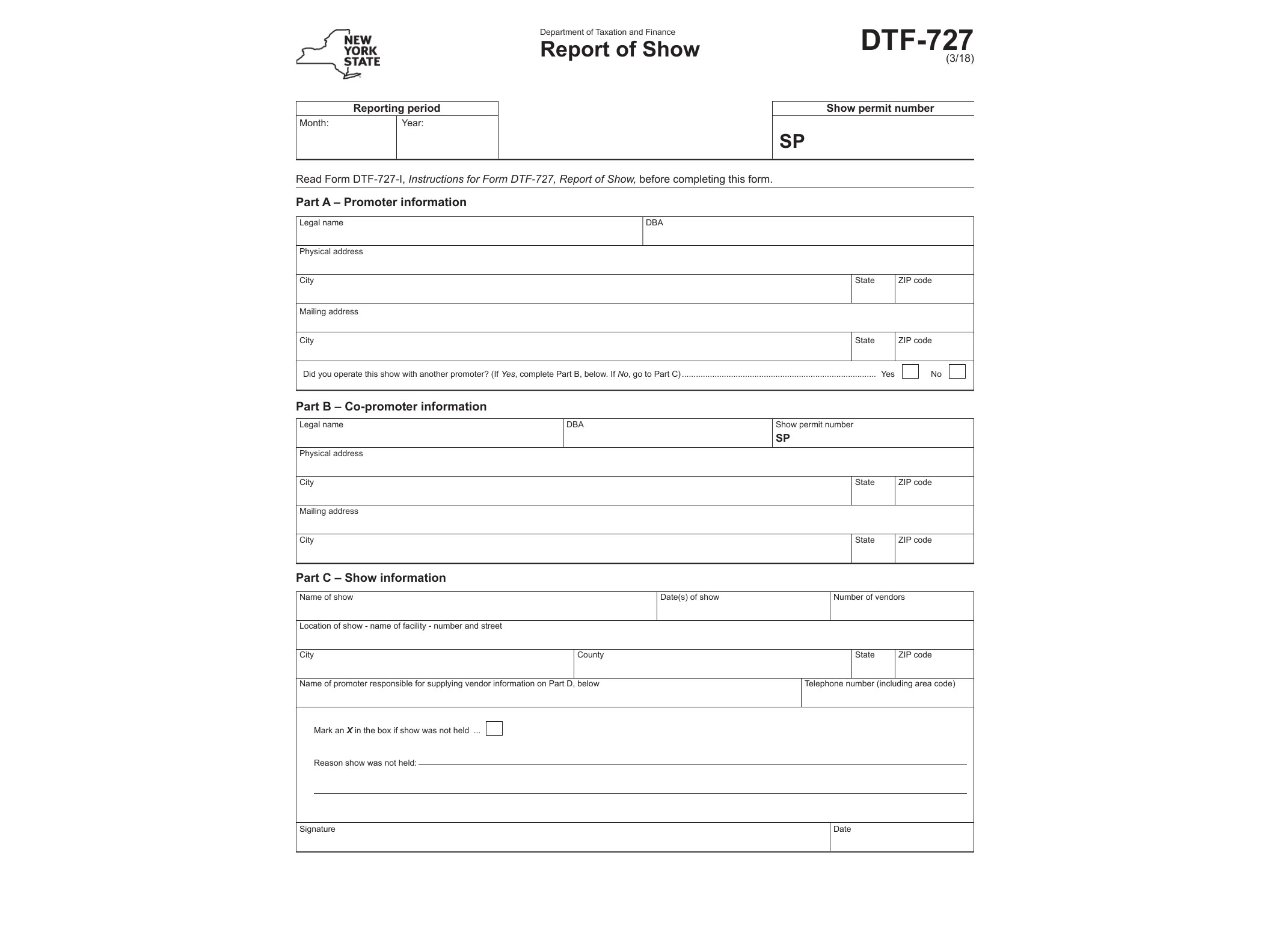 DTF727 Form DTF-727:3/18:Report of Show:dtf727 - official form preview, page 1