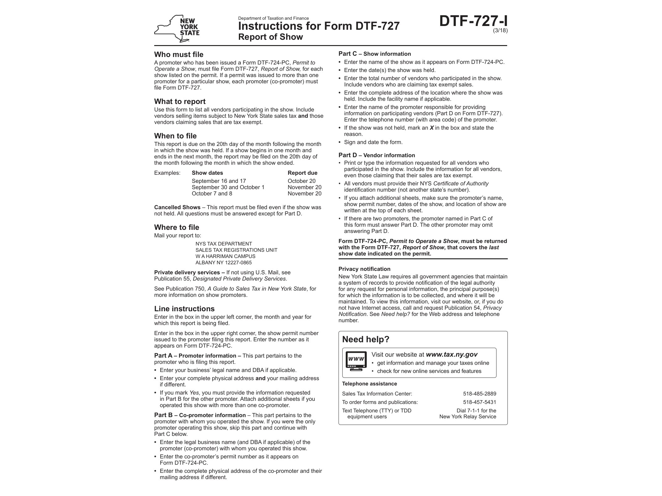 DTF727I Form DTF-727-I:3/18:Instructions for Form DTF-727 Report of Show:dtf727i - official form preview, page 1