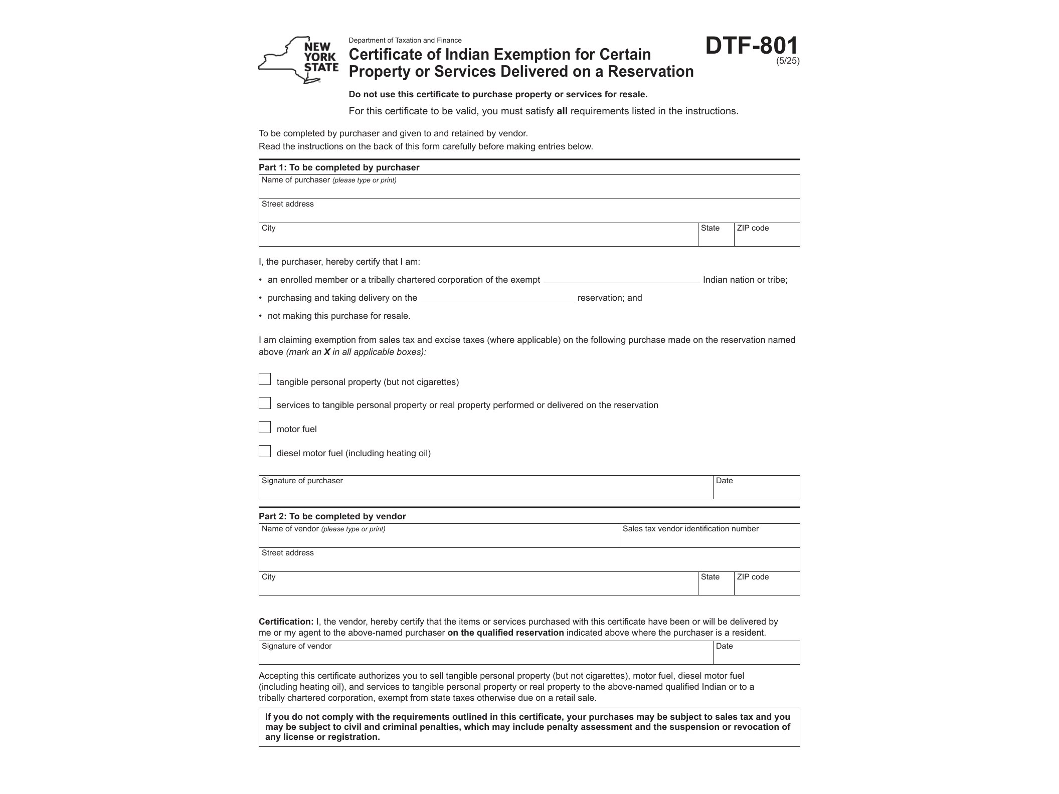DTF801 Form DTF-801Certificate of Individual Indian Exemption for Certain Property or Services Delivered on a Reservation Revised 5/25 - official form preview, page 1