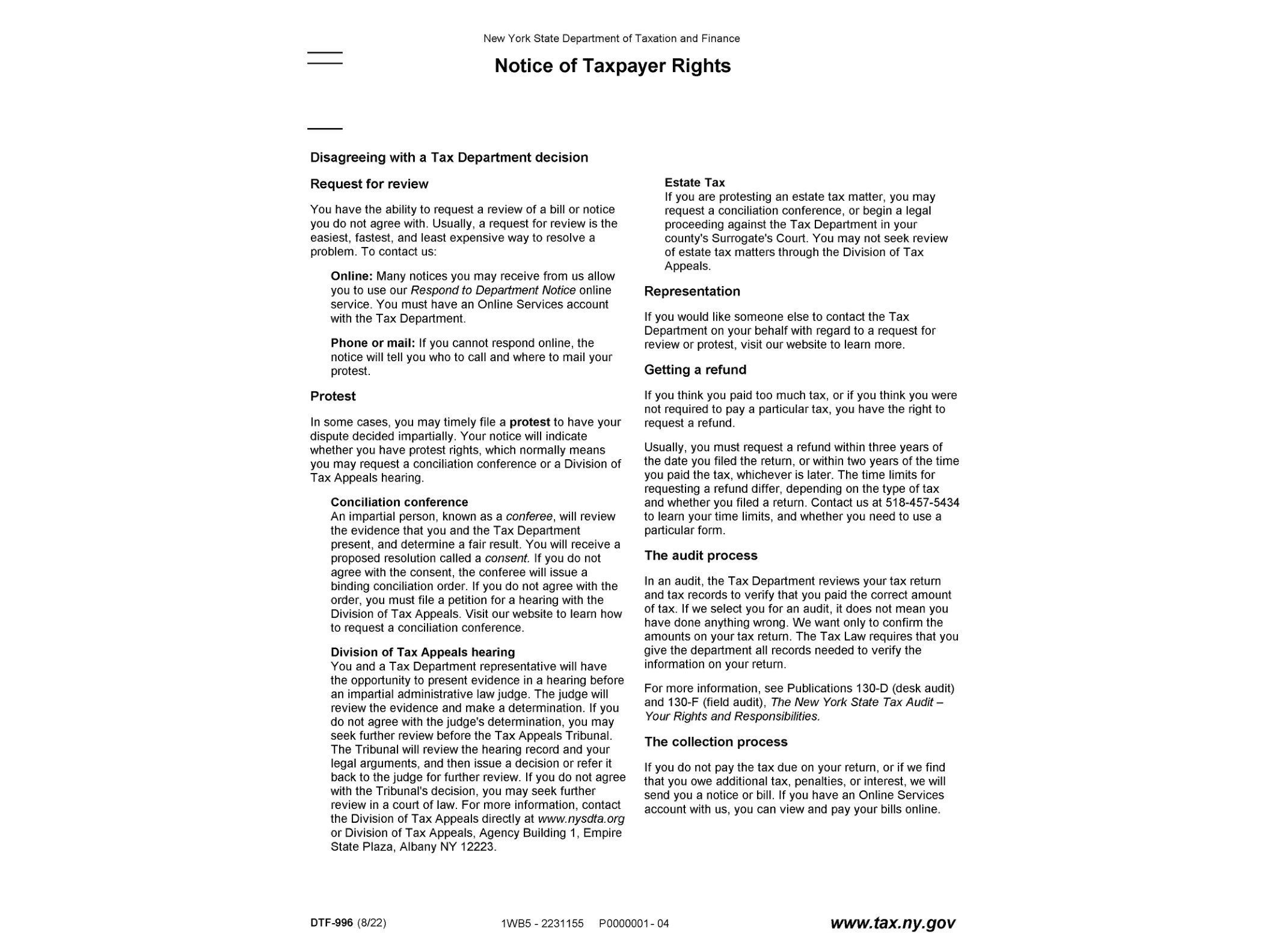 DTF996 Form DTF-996 Notice of Taxpayer Rights Revised 8/22 - official form preview, page 1