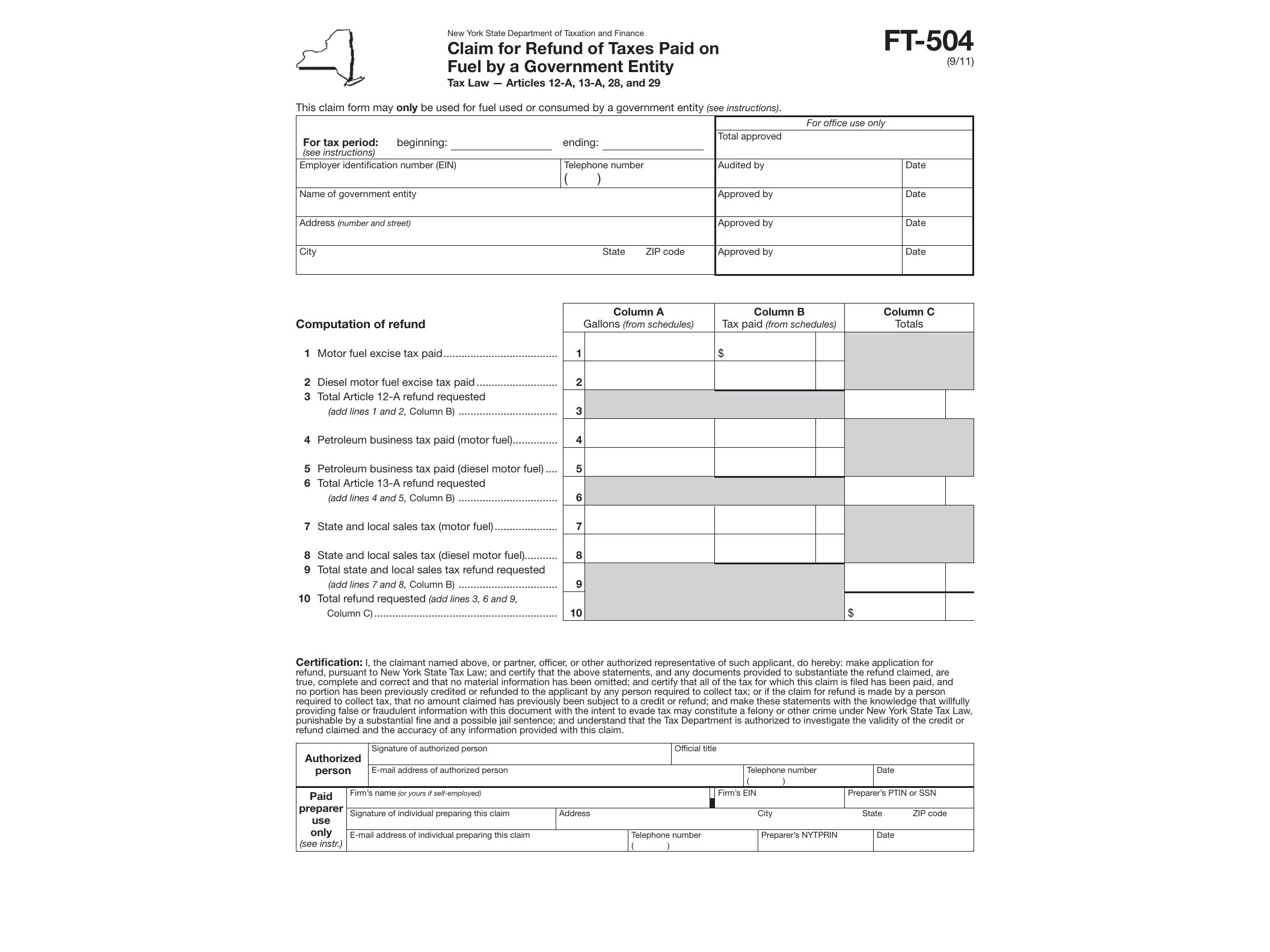 FT504 Form FT-504:9/11: Claim for Refund of Taxes Paid on Fuel by a Government Entity, ft504 - official form preview, page 1