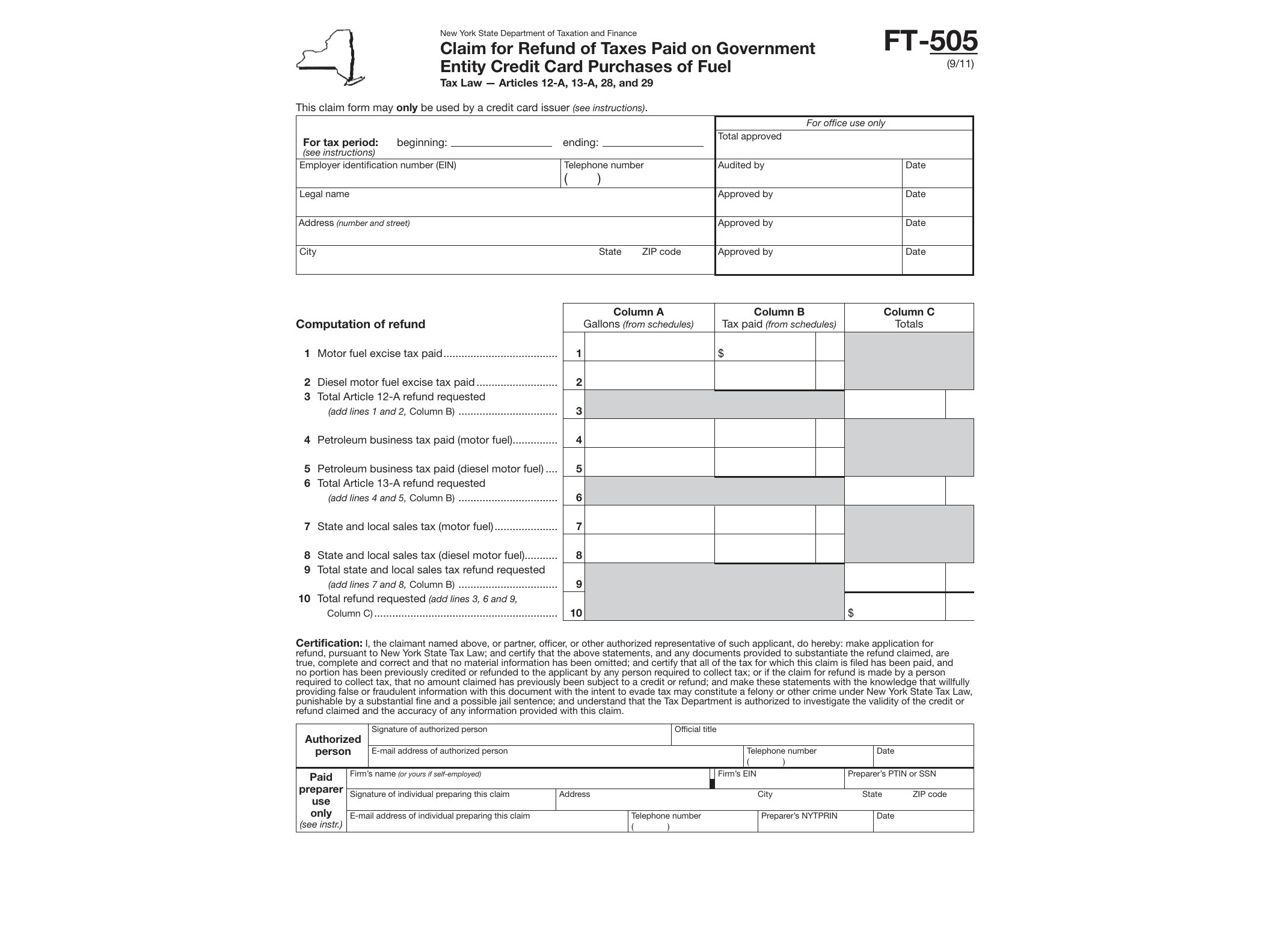FT505 Form FT-505:9/11: Claim for Refund of Taxes Paid on Government Entity Credit Card Purchases of Fuel, ft505 - official form preview, page 1