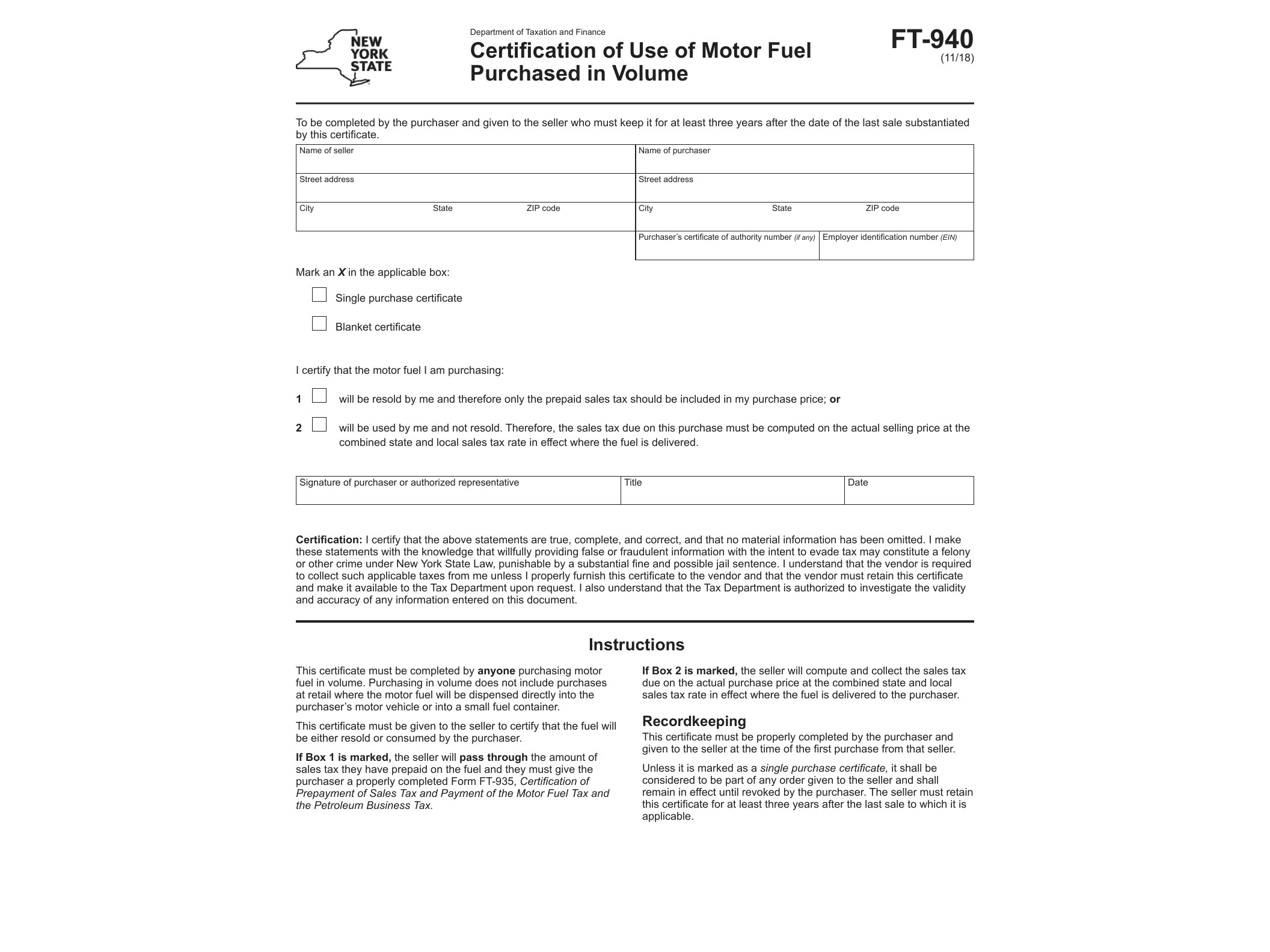 FT940 Form FT-940:11/18:Certification of Use of Motor Fuel Purchased in Volume:ft940 - official form preview, page 1