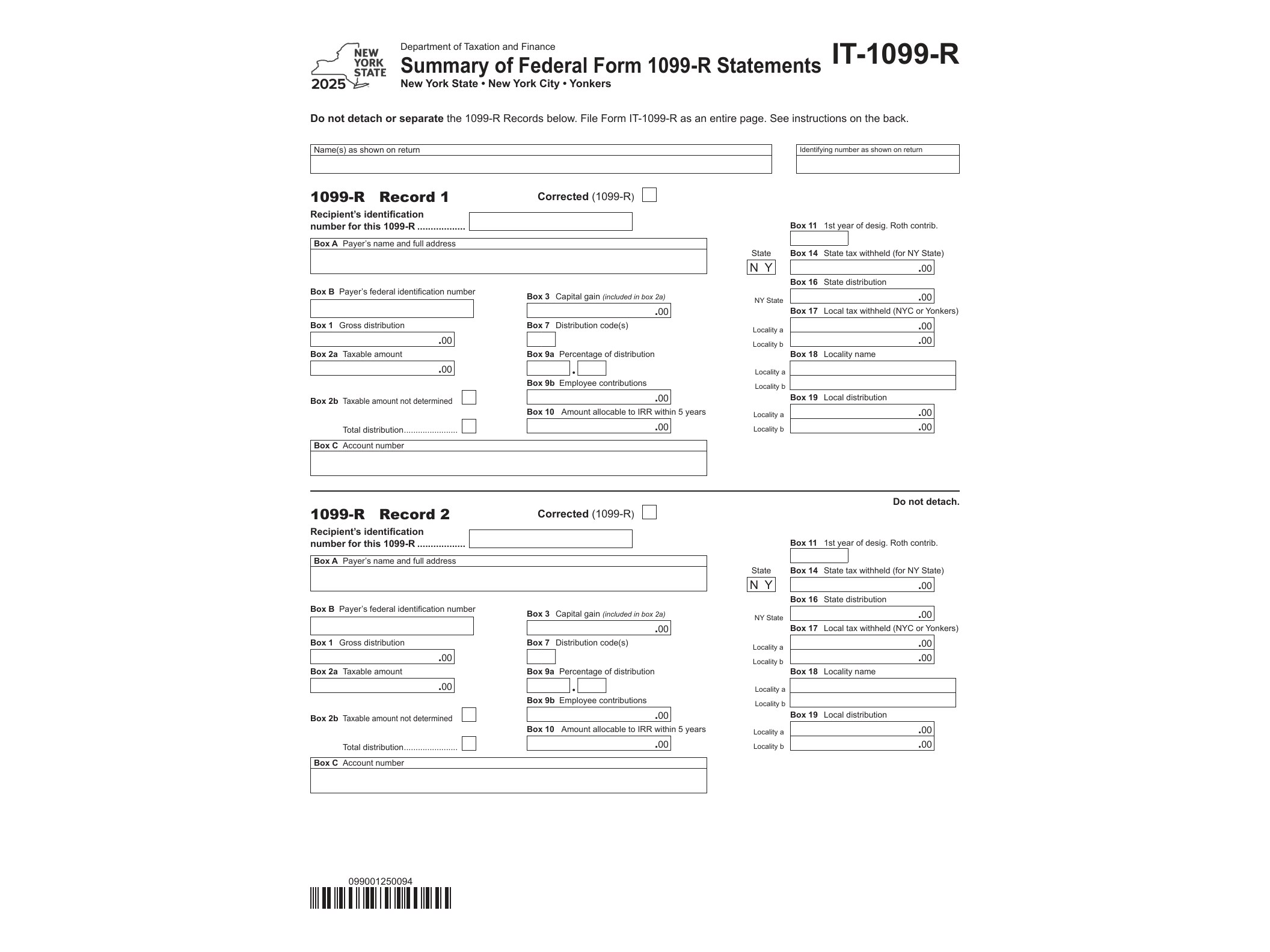 IT1099R Form IT-1099-R Summary of Federal Form 1099-R Statements Tax Year 2025 - official form preview, page 1