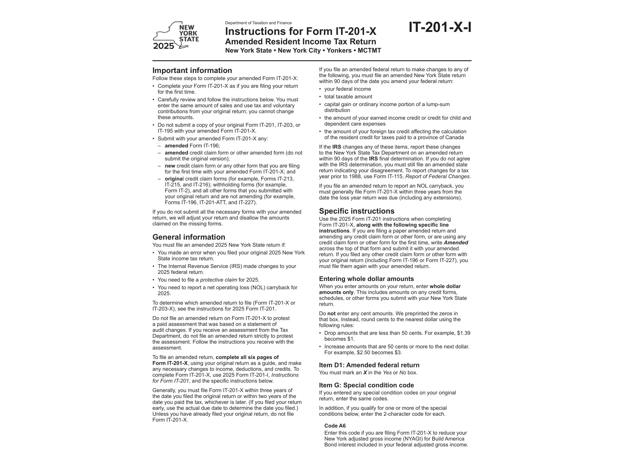 IT201XI Instructions for Form IT-201-X Amended Resident Income Tax Return Tax Year 2025 - official form preview, page 1