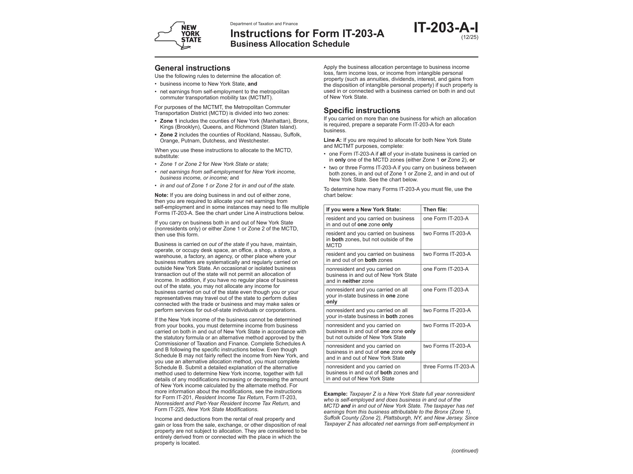 IT203AI Instructions for Form IT-203-A Business Allocation Schedule Revised 12/25 - official form preview, page 1