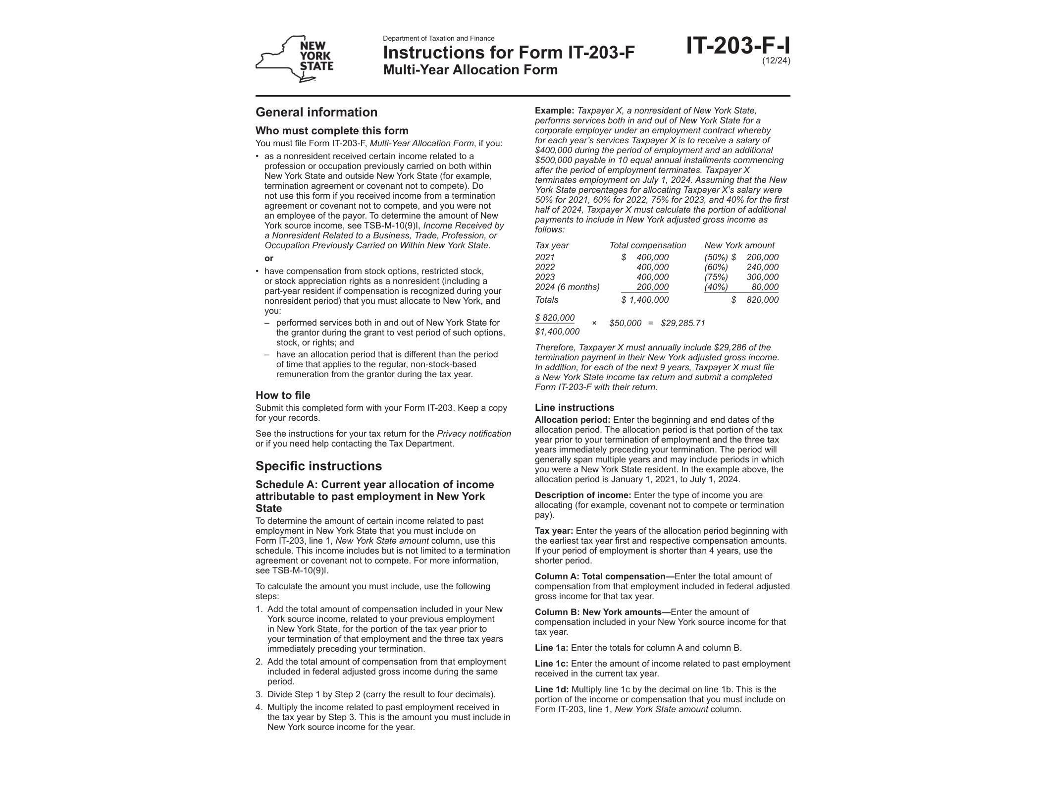 IT203FI Form IT-203-F-I Instructions for Form IT-203-F Multi-Year Allocation Form Revised 12/24 - official form preview, page 1