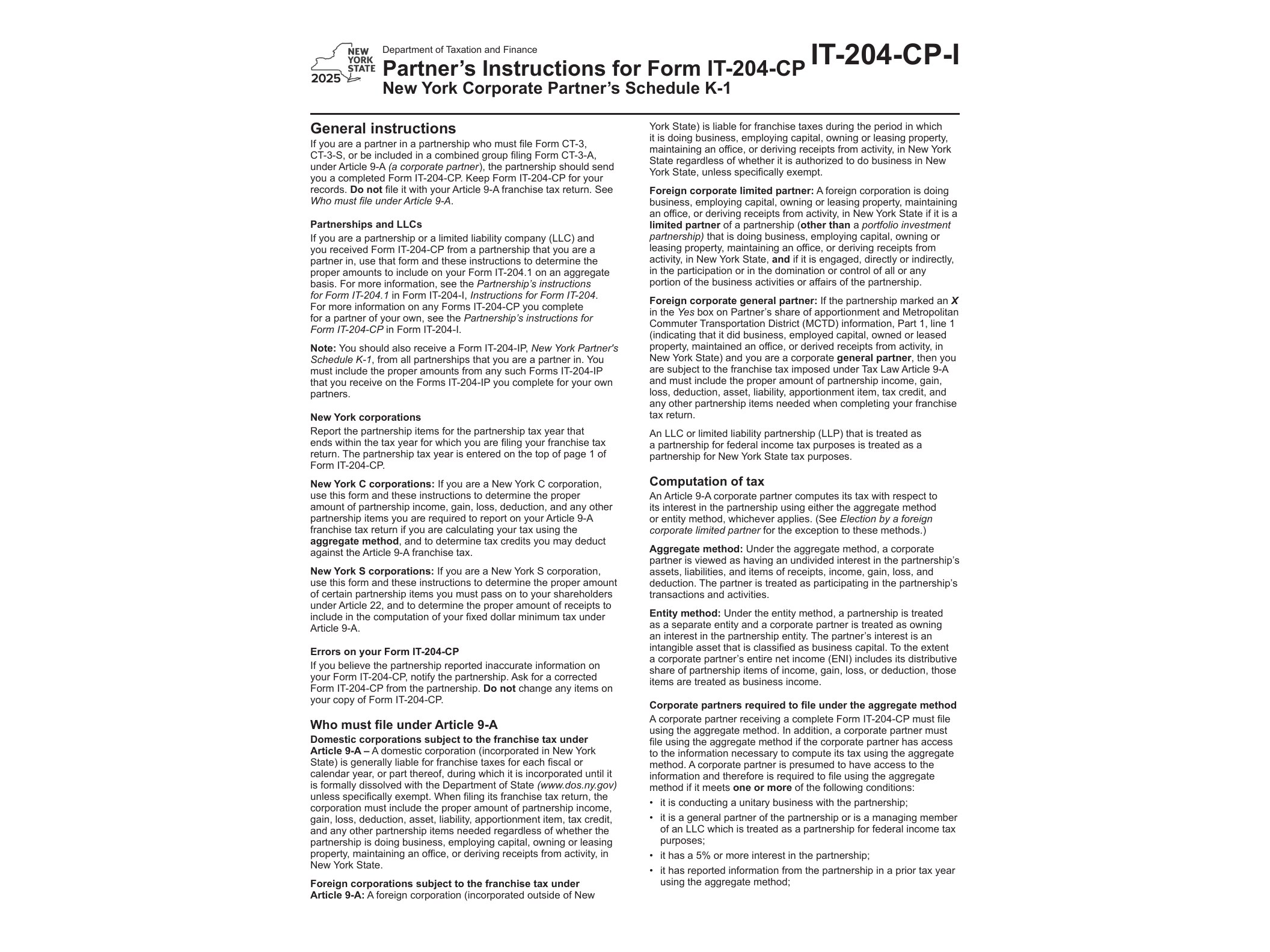 IT204CPI Instructions for Form IT-204-CP New York Corporate Partner’s Schedule K-1 Tax Year 2025 - official form preview, page 1