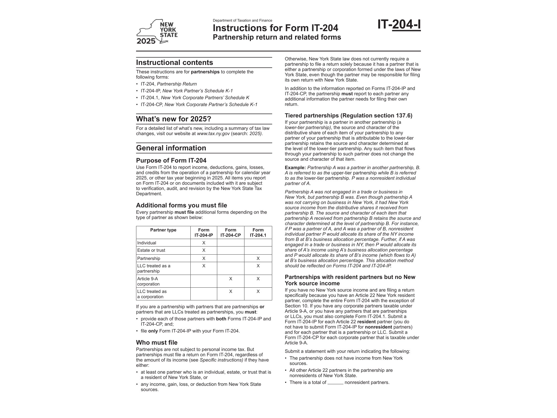 IT204I Instructions for Form IT-204 Partnership Return Tax Year 2025 - official form preview, page 1