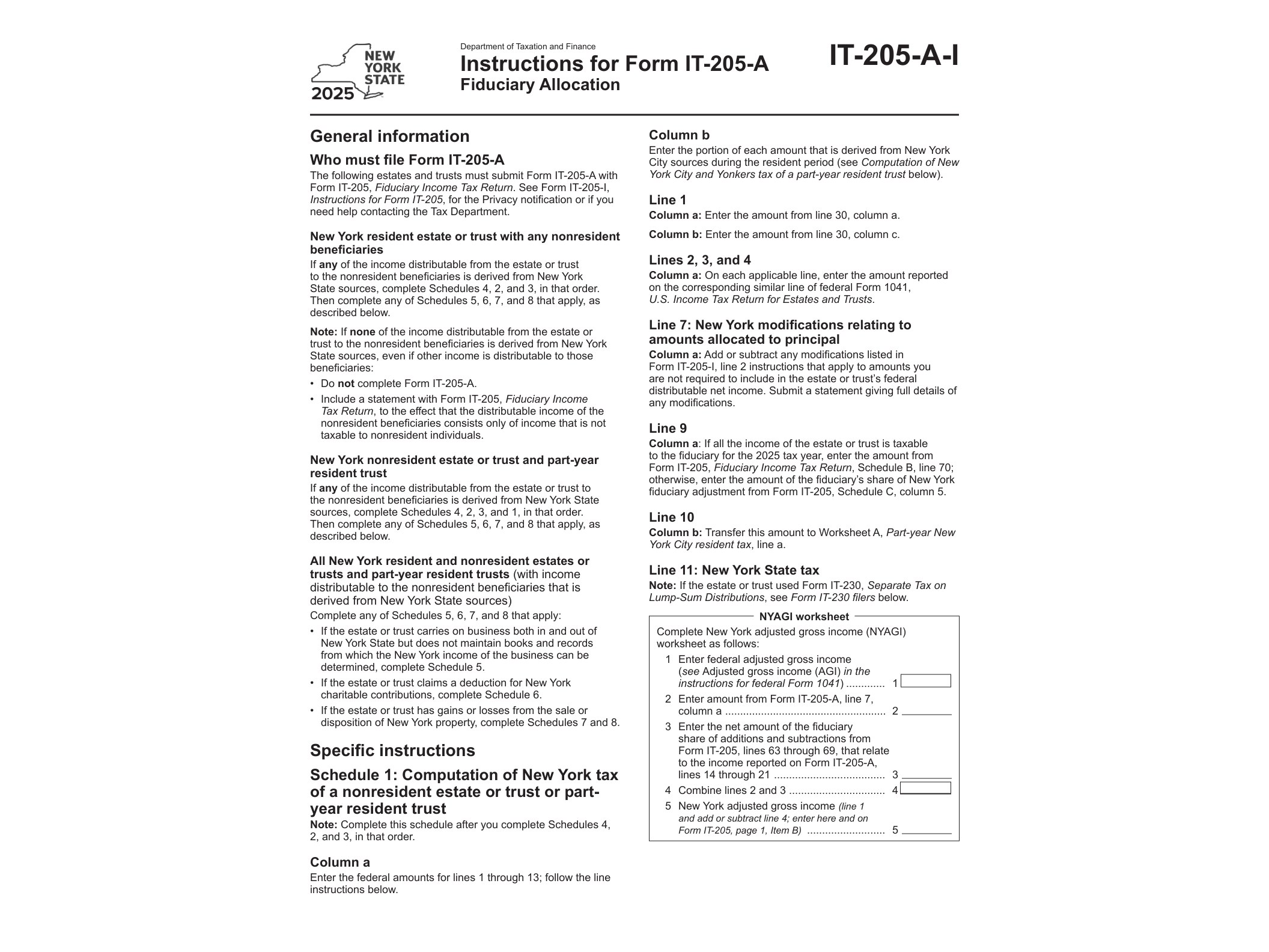 IT205AI Instructions for Form IT-205-A Fiduciary Allocation Tax Year 2025 - official form preview, page 1