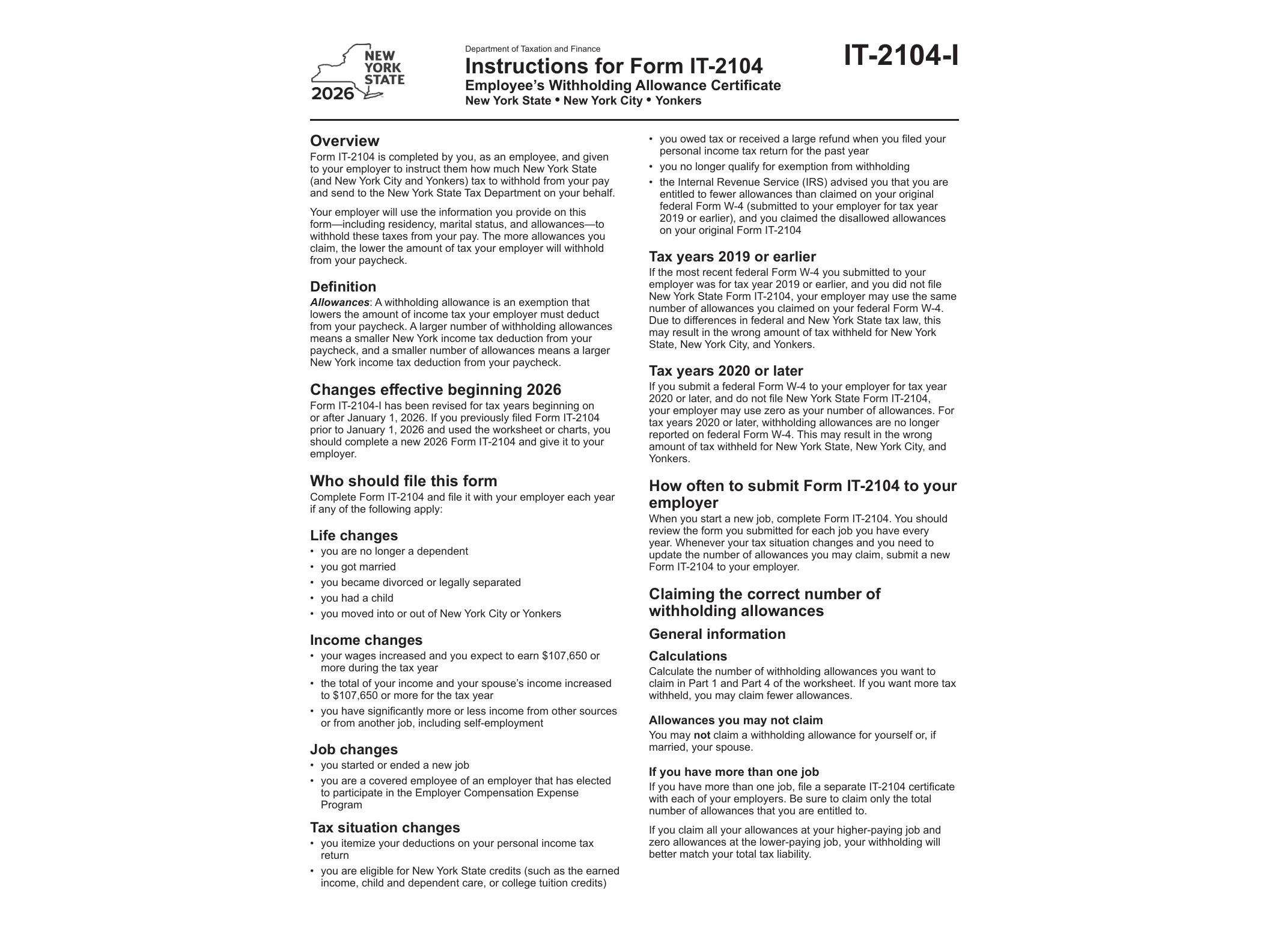 IT2104I Form IT-2104 Employee's Withholding Allowance Certificate Tax Year 2026 - official form preview, page 1