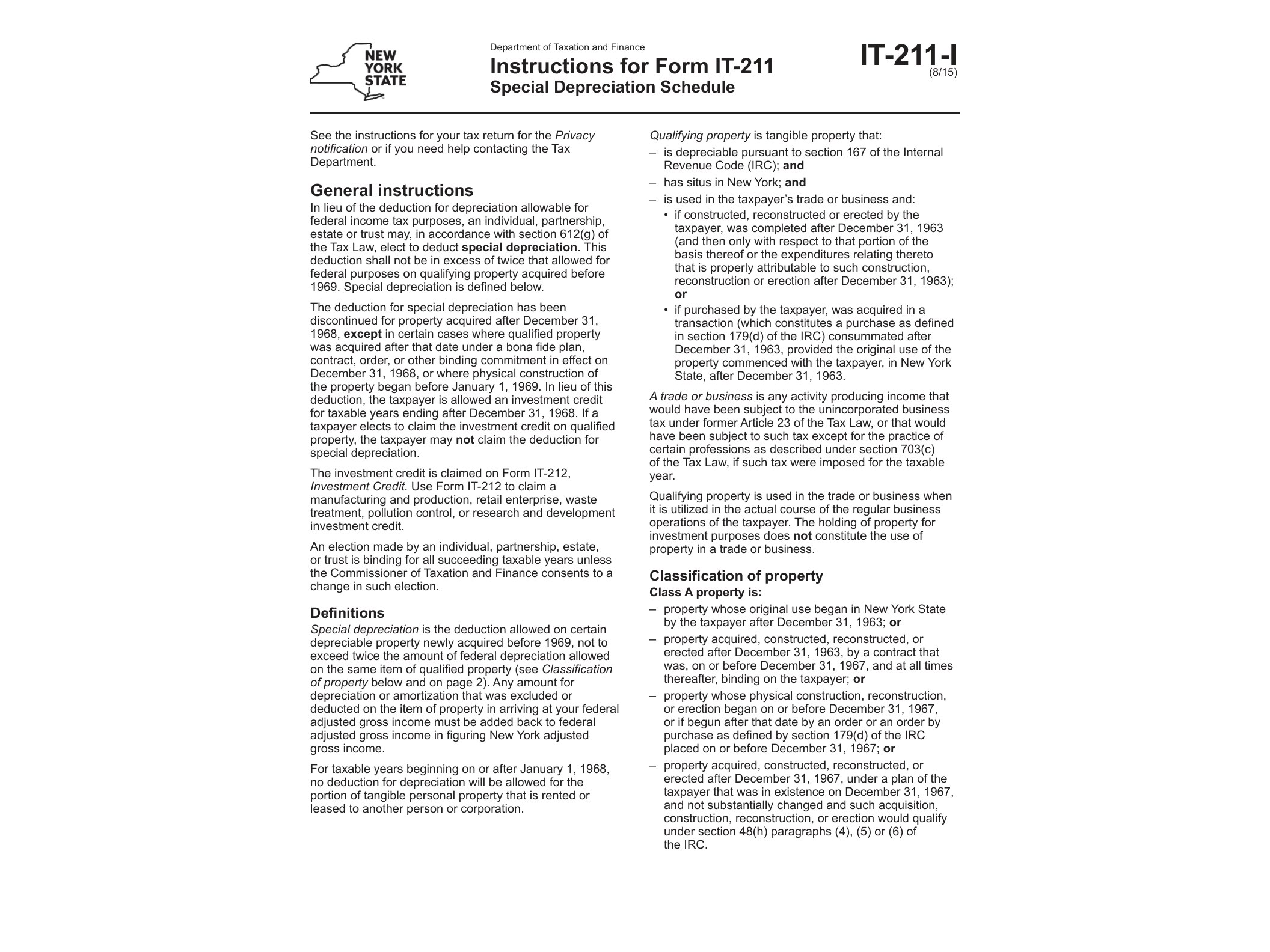 IT211I Form IT-211-I:8/15:Instructions for Form IT-211 Special Depreciation Schedule:IT211I - official form preview, page 1