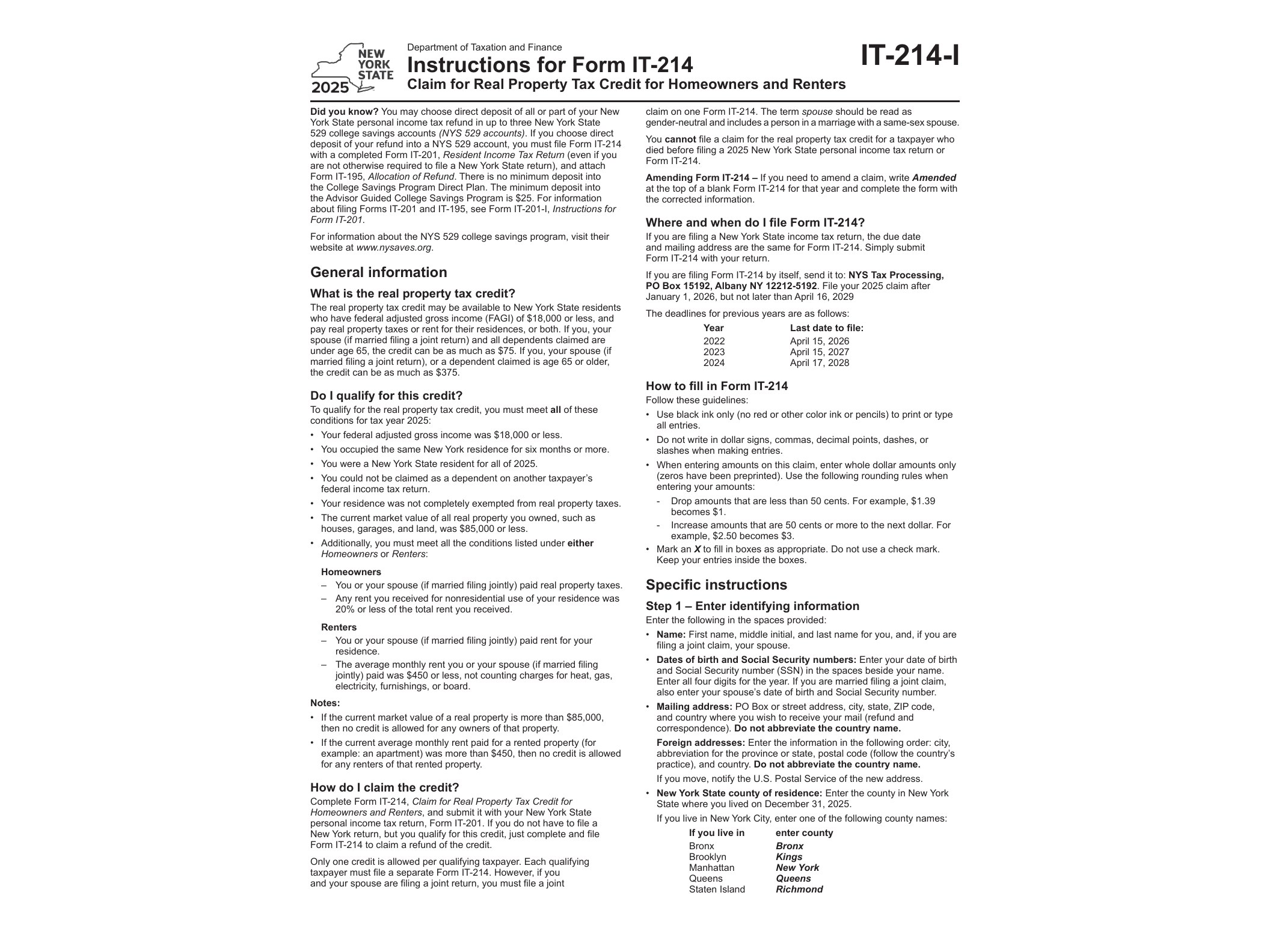IT214I Instructions for Form IT-214 Claim for Real Property Tax Credit for Homeowners and Renters Tax Year 2025 - official form preview, page 1